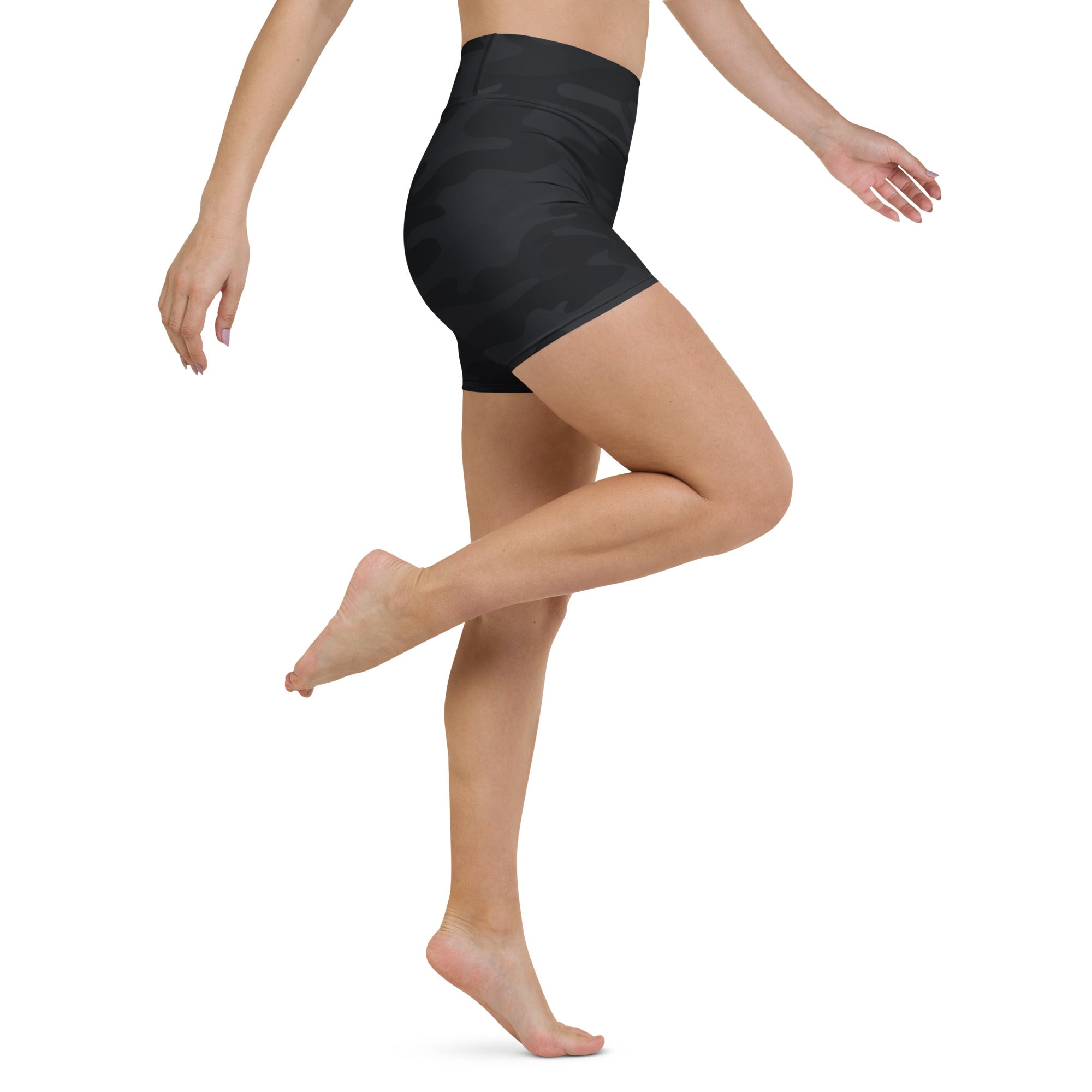 Women’s black camouflage high waisted buttery soft yoga shorts with subtle pattern for active wear