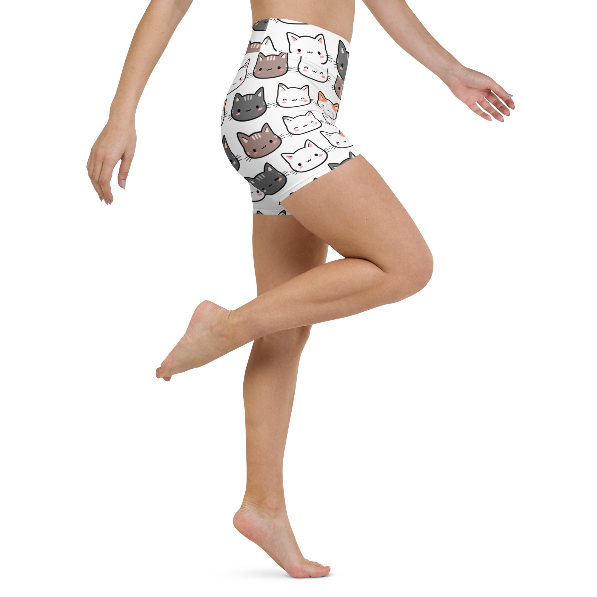 Women’s cat yoga shorts high waisted white buttery soft active shorts with playful gray black and white cartoon cats pattern