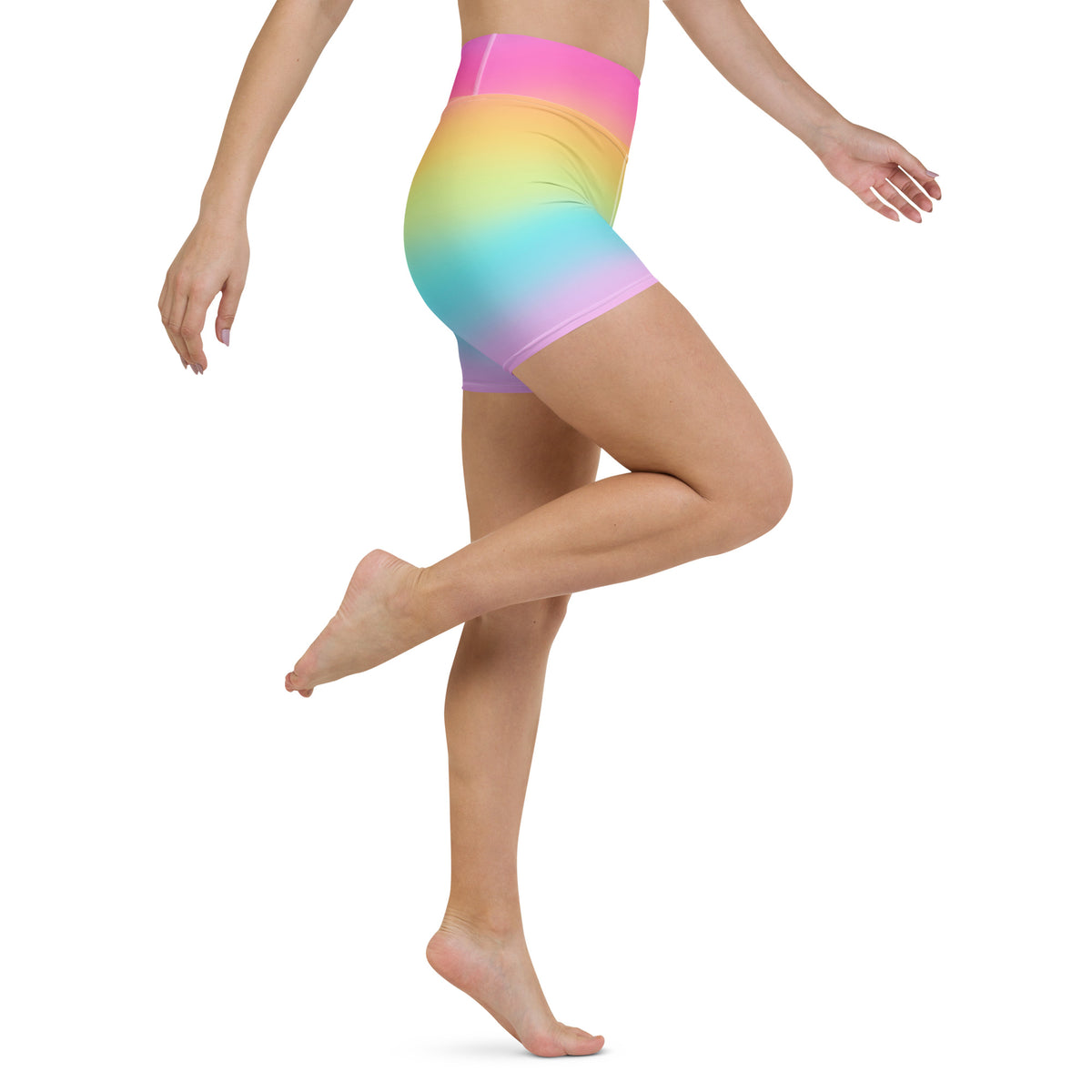 Women’s high waisted bright rainbow yoga shorts in stretchy buttery soft fabric for active wear
