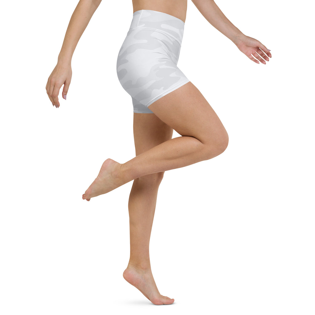 Women’s white camouflage high waisted yoga shorts made of buttery soft fabric for active wear