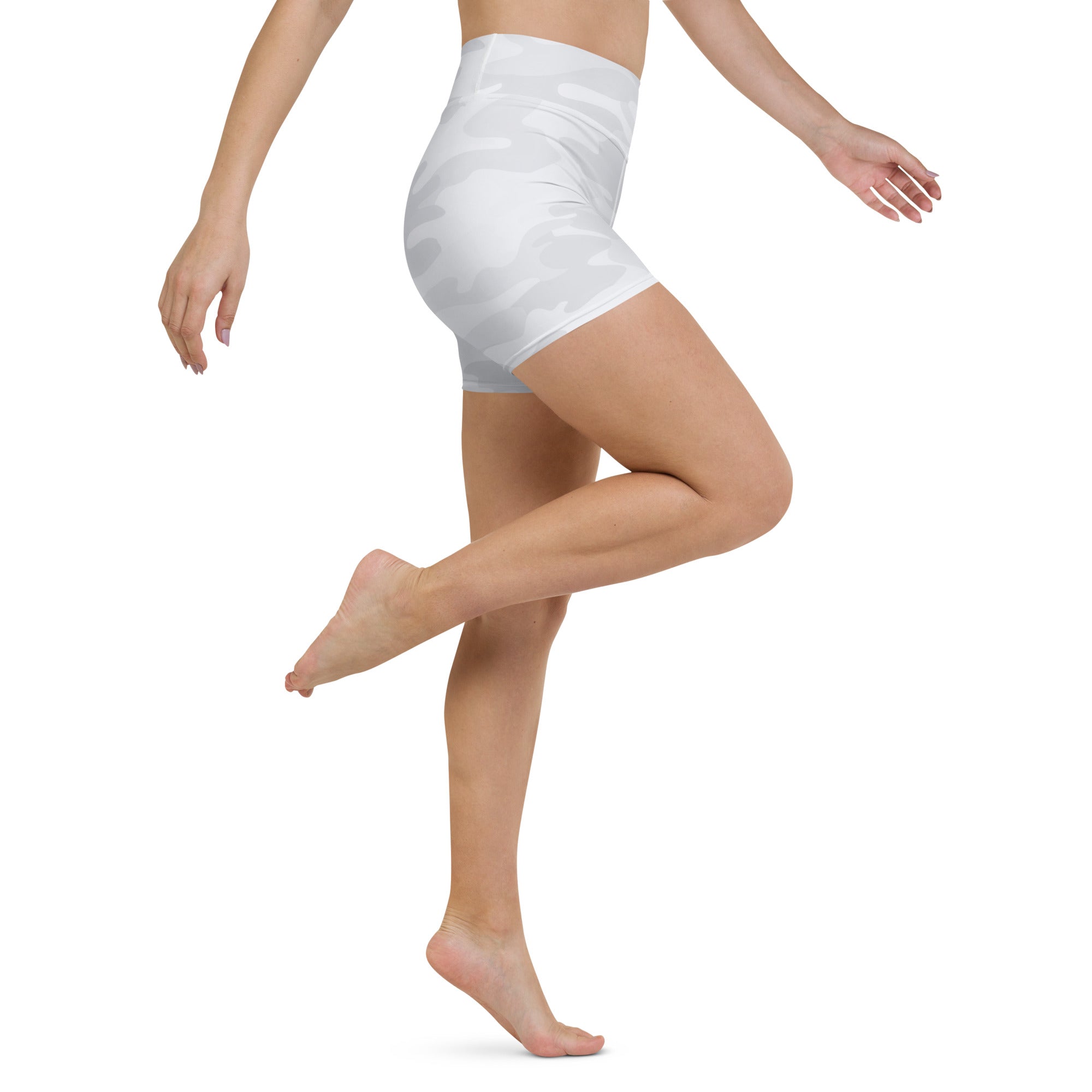 Women’s white camouflage high waisted yoga shorts made of buttery soft fabric for active wear