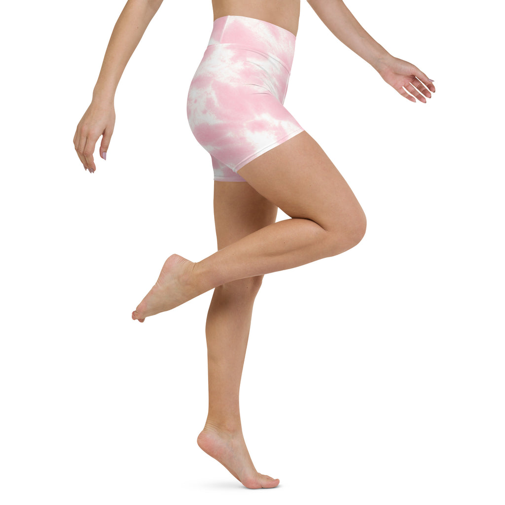 Women’s pink and white tie dye high waisted buttery soft yoga shorts for activewear and comfort