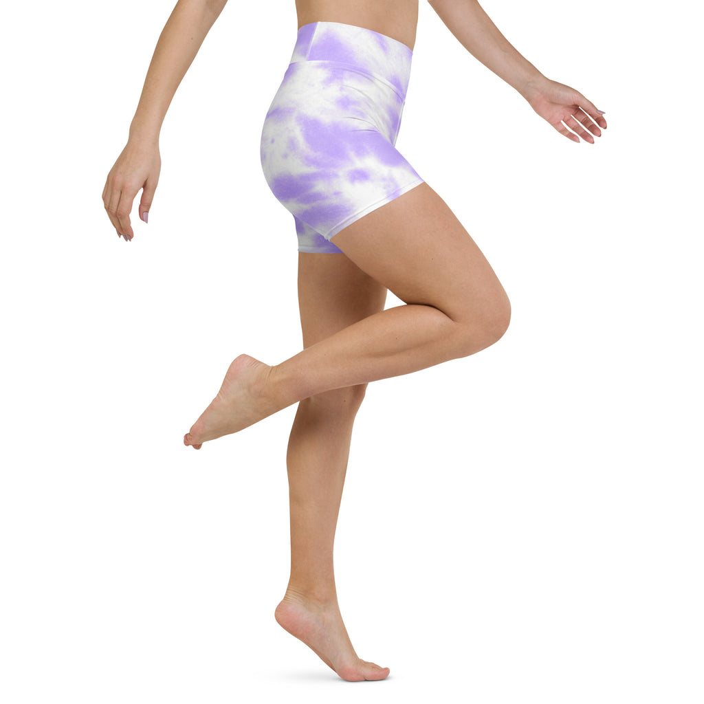 Women’s high waisted purple and white tie dye yoga shorts made from buttery soft fabric for activewear