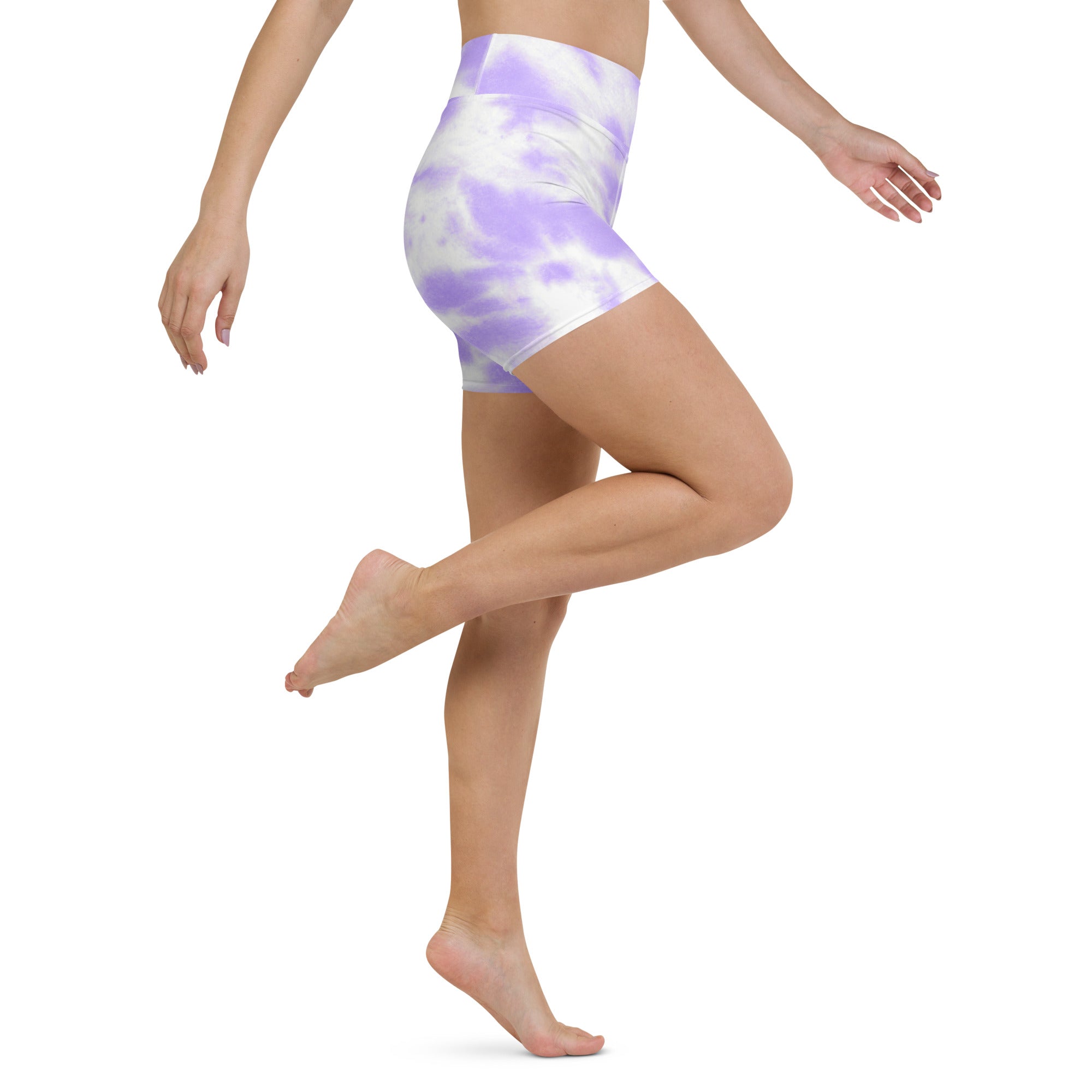 Women’s high waisted purple and white tie dye yoga shorts made from buttery soft fabric for activewear