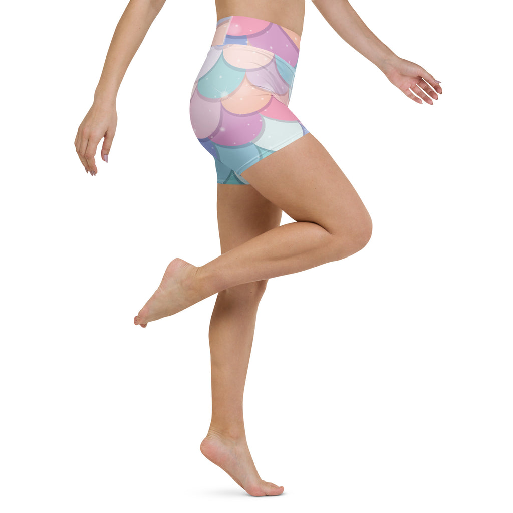 Women’s rainbow mermaid high waisted yoga shorts in pastel mermaid scale pattern buttery soft fabric