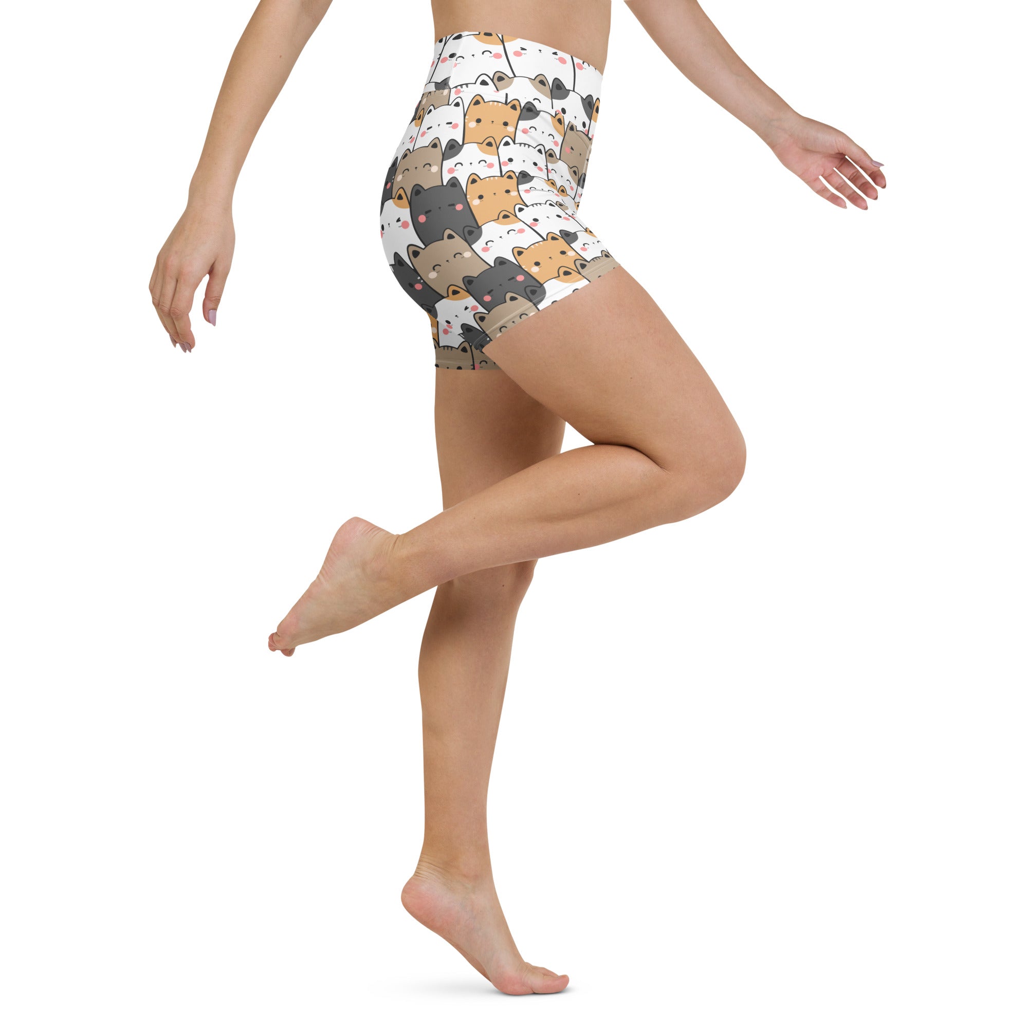 Women’s kawaii cat yoga shorts in buttery soft fabric with playful brown gray white cartoon cats on white background
