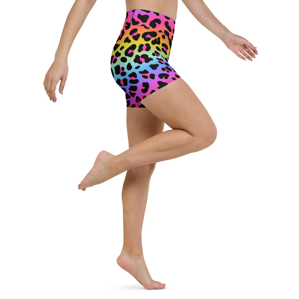 Women’s rainbow leopard yoga shorts high waisted buttery soft athletic pants in vibrant multicolor print