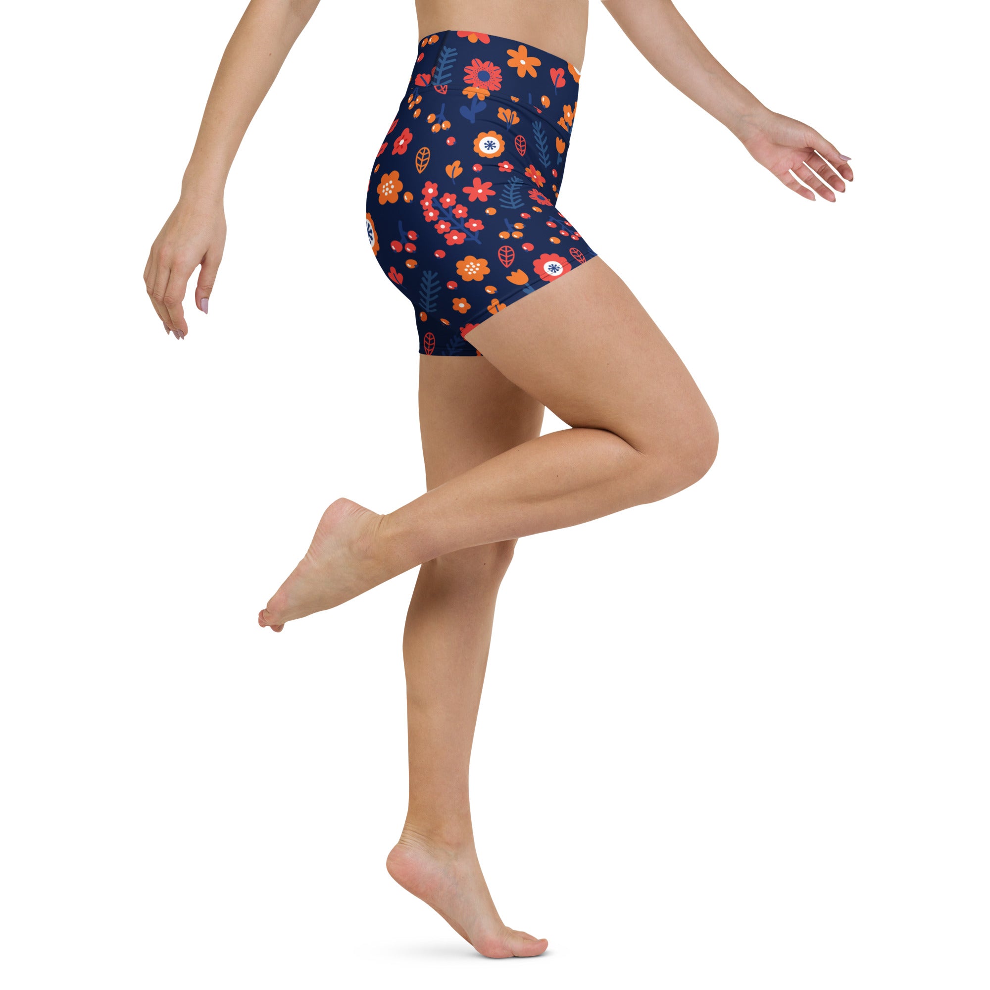 Women’s navy floral yoga shorts with high waisted design buttery soft fabric vibrant orange red and white pattern