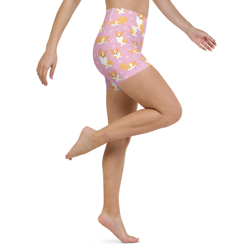 Women’s pink high waisted buttery soft yoga shorts with playful orange and white corgi dog pattern
