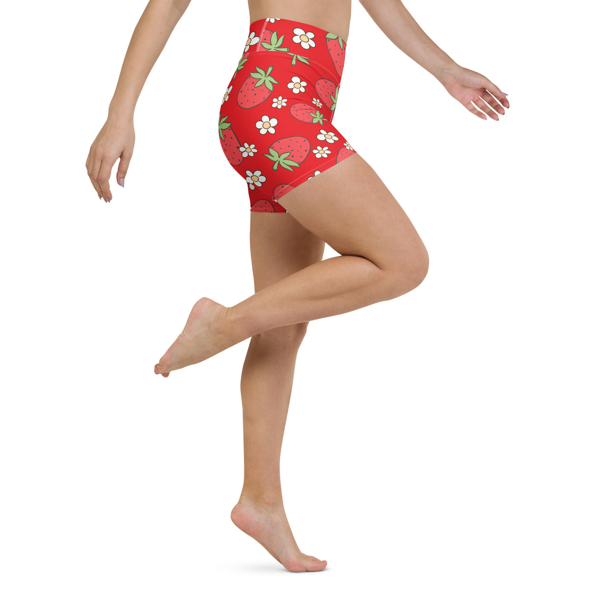 Women’s red high-waisted buttery soft yoga shorts with strawberry and white flower pattern for active wear