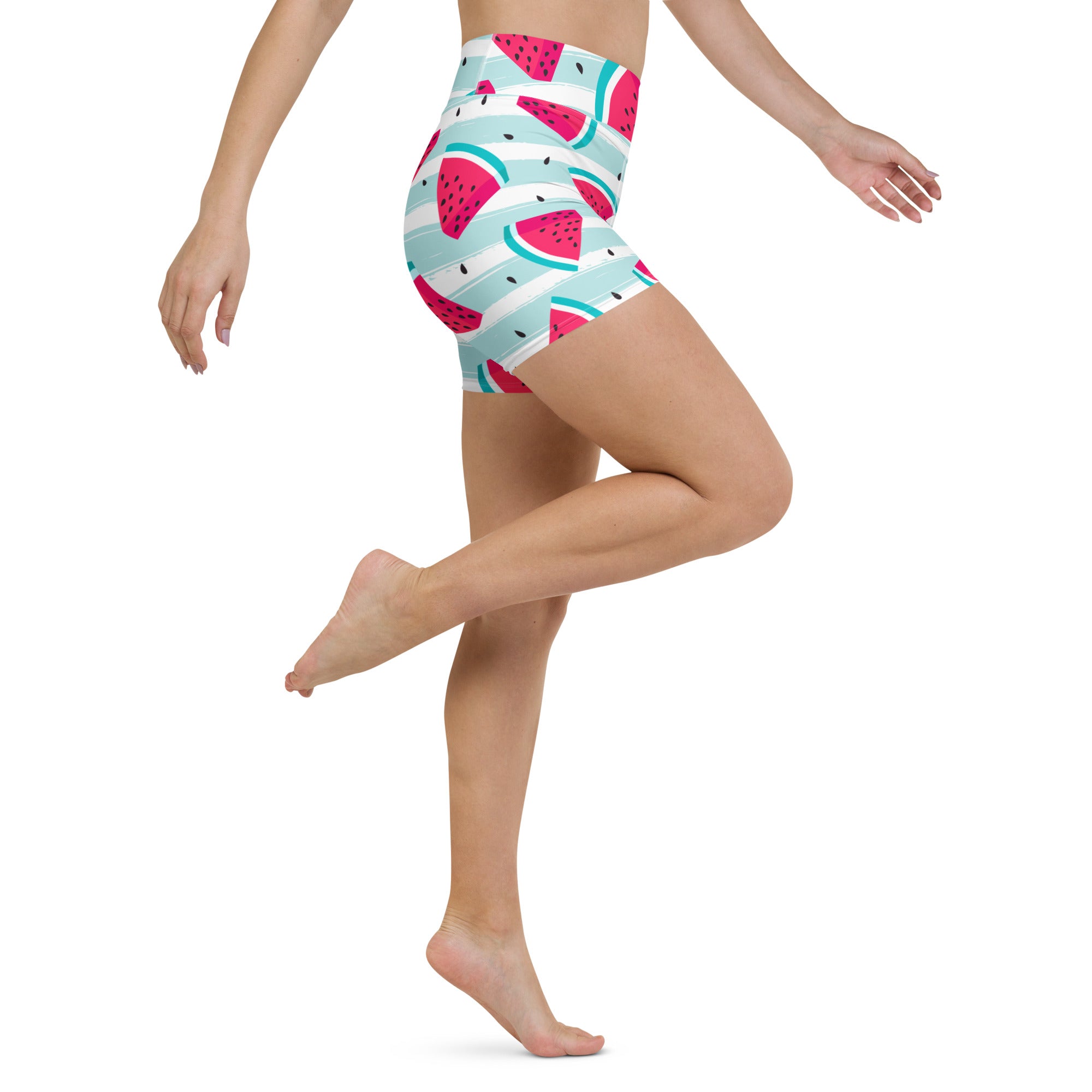 Women’s high waisted buttery soft yoga shorts with vibrant watermelon slice pattern on light teal and white stripes