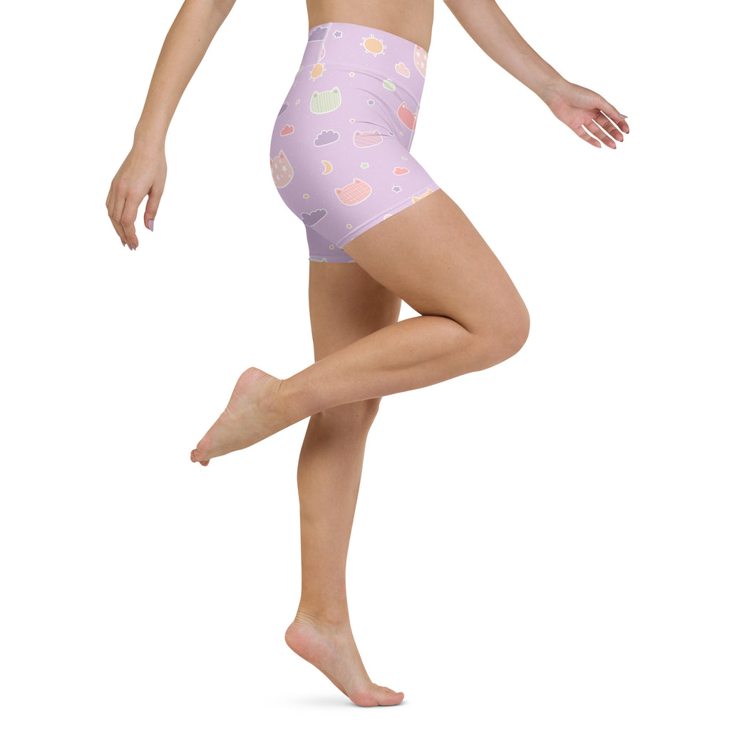 Women’s pastel purple high waisted yoga shorts with kawaii cats clouds pattern made of buttery soft fabric