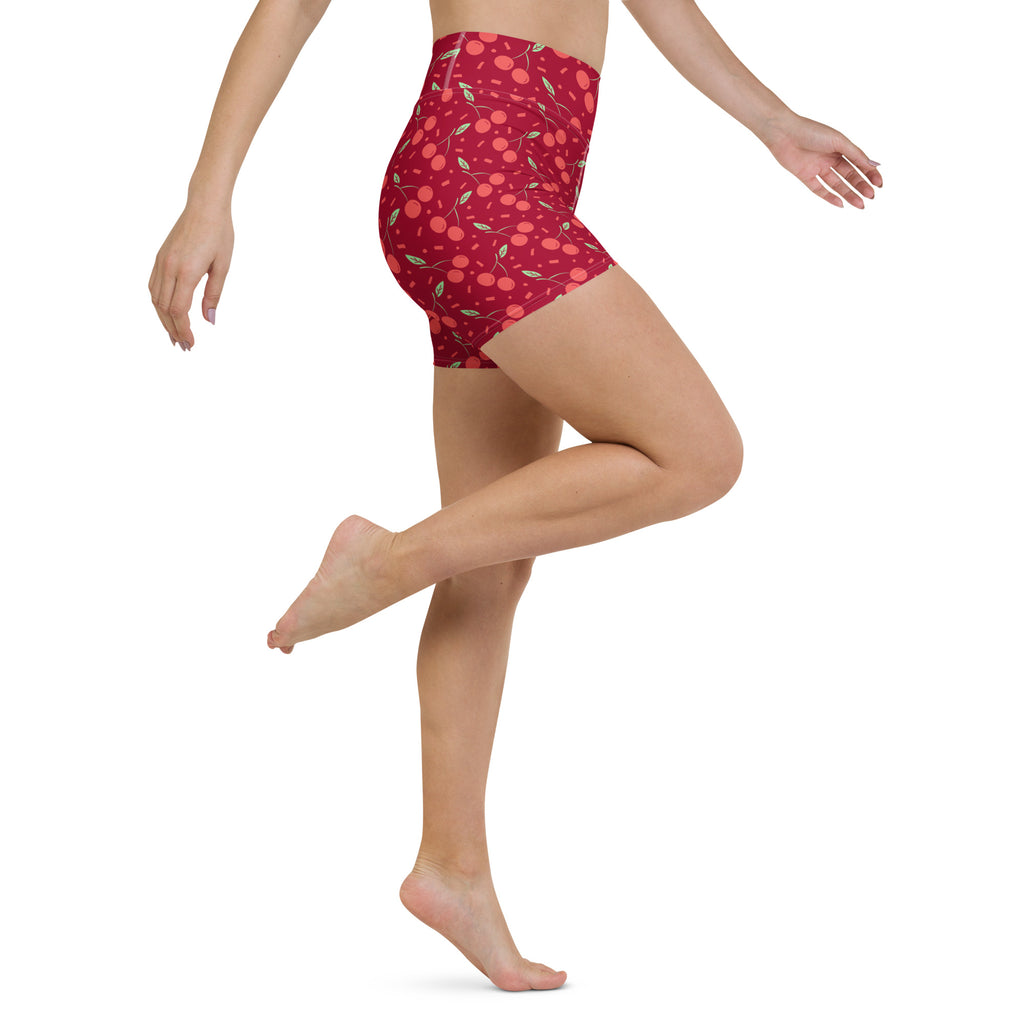 Women’s red cherry sprinkle high waisted buttery soft yoga shorts perfect for active wear and comfort