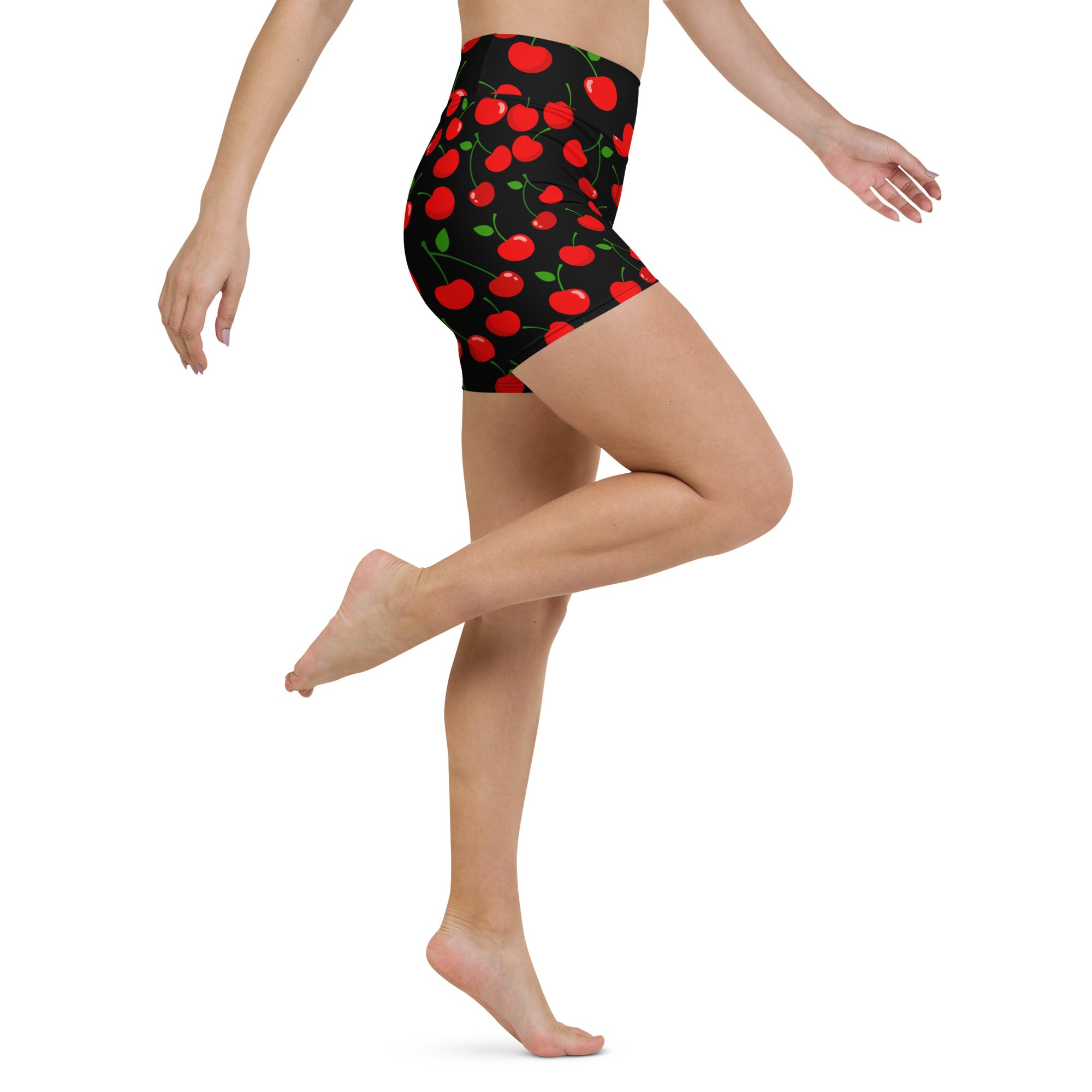 Women’s cherry yoga shorts high waisted black buttery soft active pants with vibrant red cherry pattern and green stems