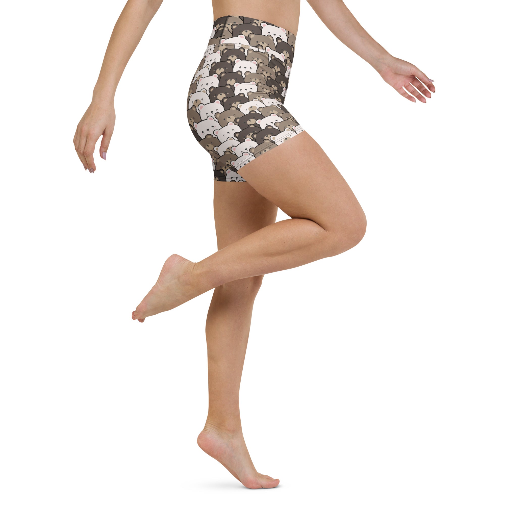 Women’s bear face yoga shorts high waisted buttery soft active pants with white and gray bear pattern on dark camo