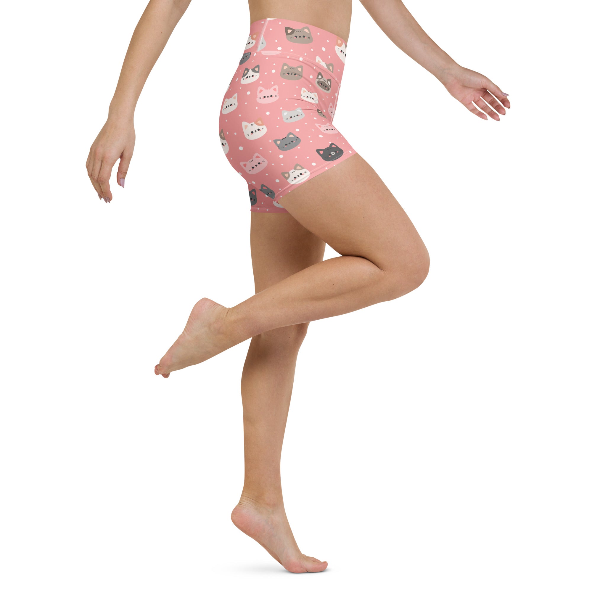 Women’s cute pink cat faces high waisted buttery soft leggings with colorful cartoon cat patterns for yoga