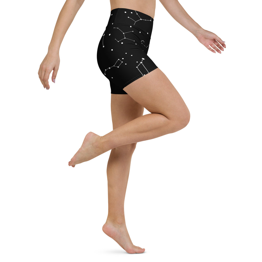 Women’s high waisted black yoga shorts with white constellation pattern buttery soft active wear pants
