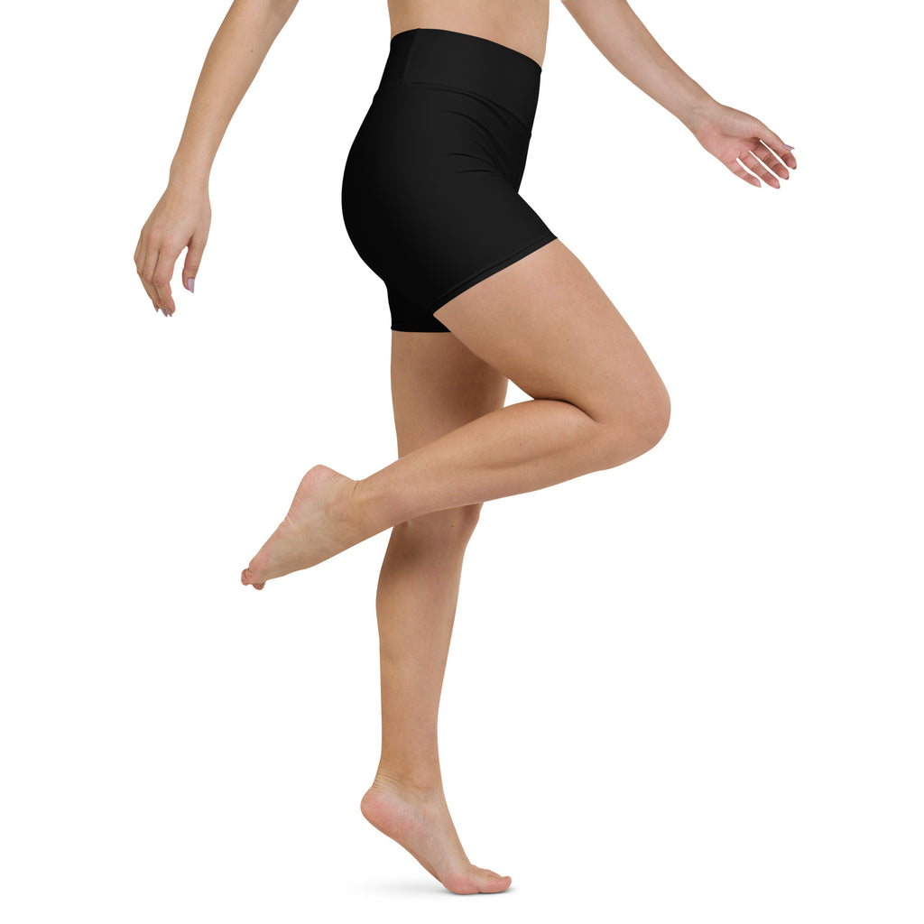 Women’s buttery soft black high waisted yoga shorts made from soft active fabric for comfortable workouts