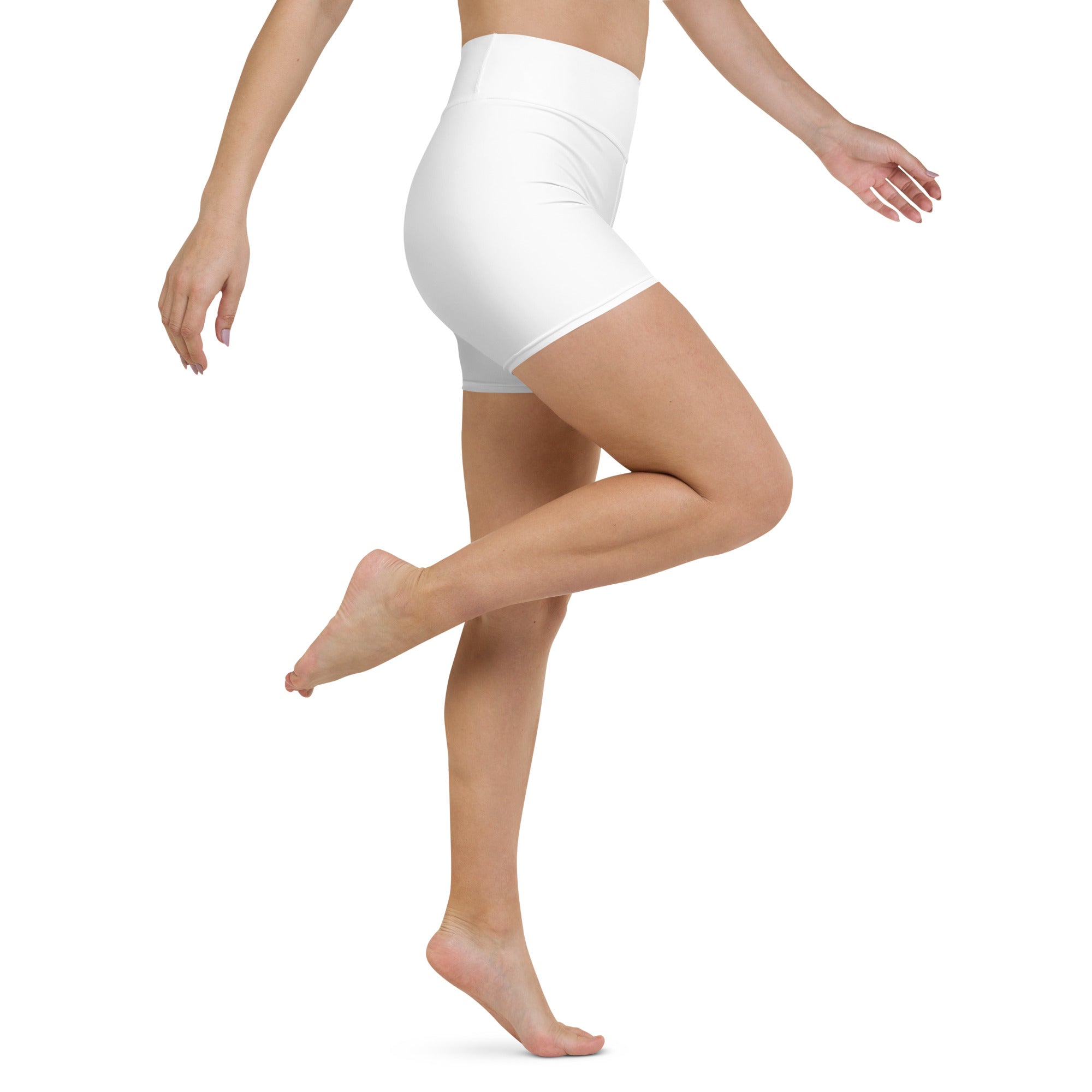 Women’s white high waisted buttery soft yoga shorts made from soft active material for comfortable workouts