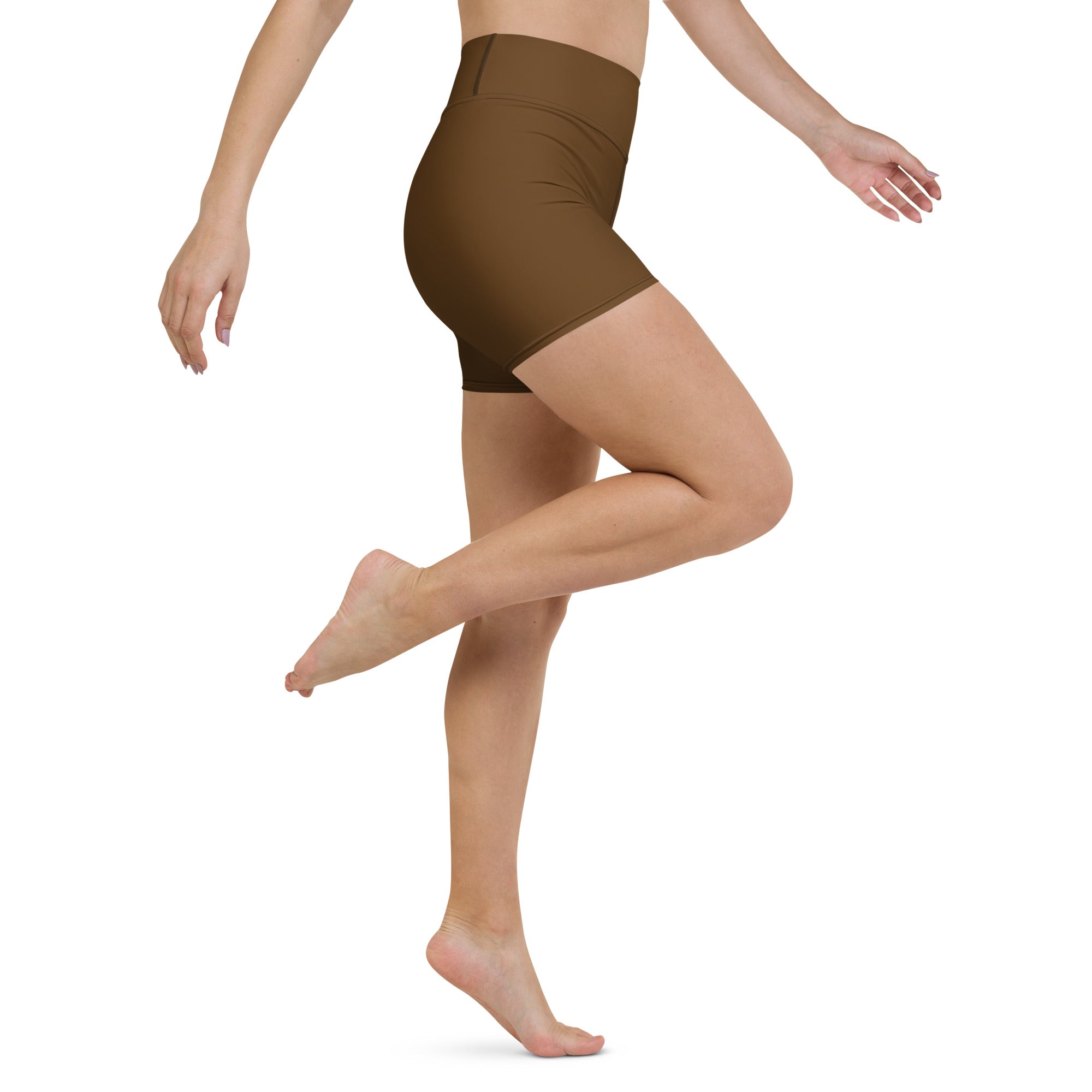 Women’s buttery soft brown high waisted yoga shorts made from soft fabric for comfortable activewear use