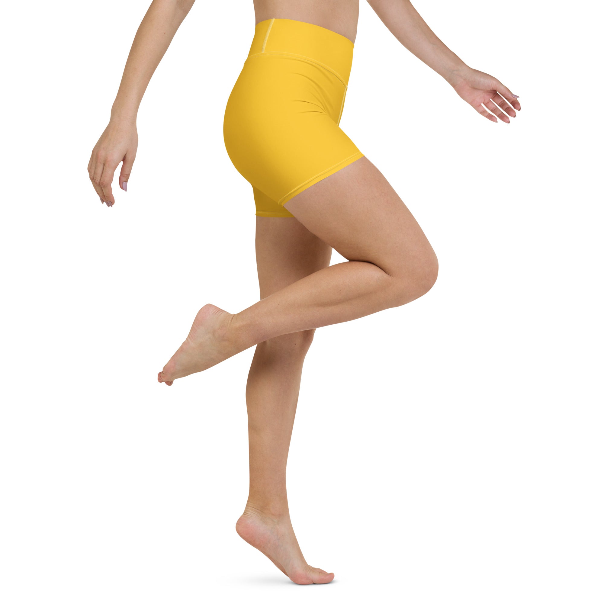 Bright yellow high waisted buttery soft womens yoga shorts ideal for active wear and comfortable movement