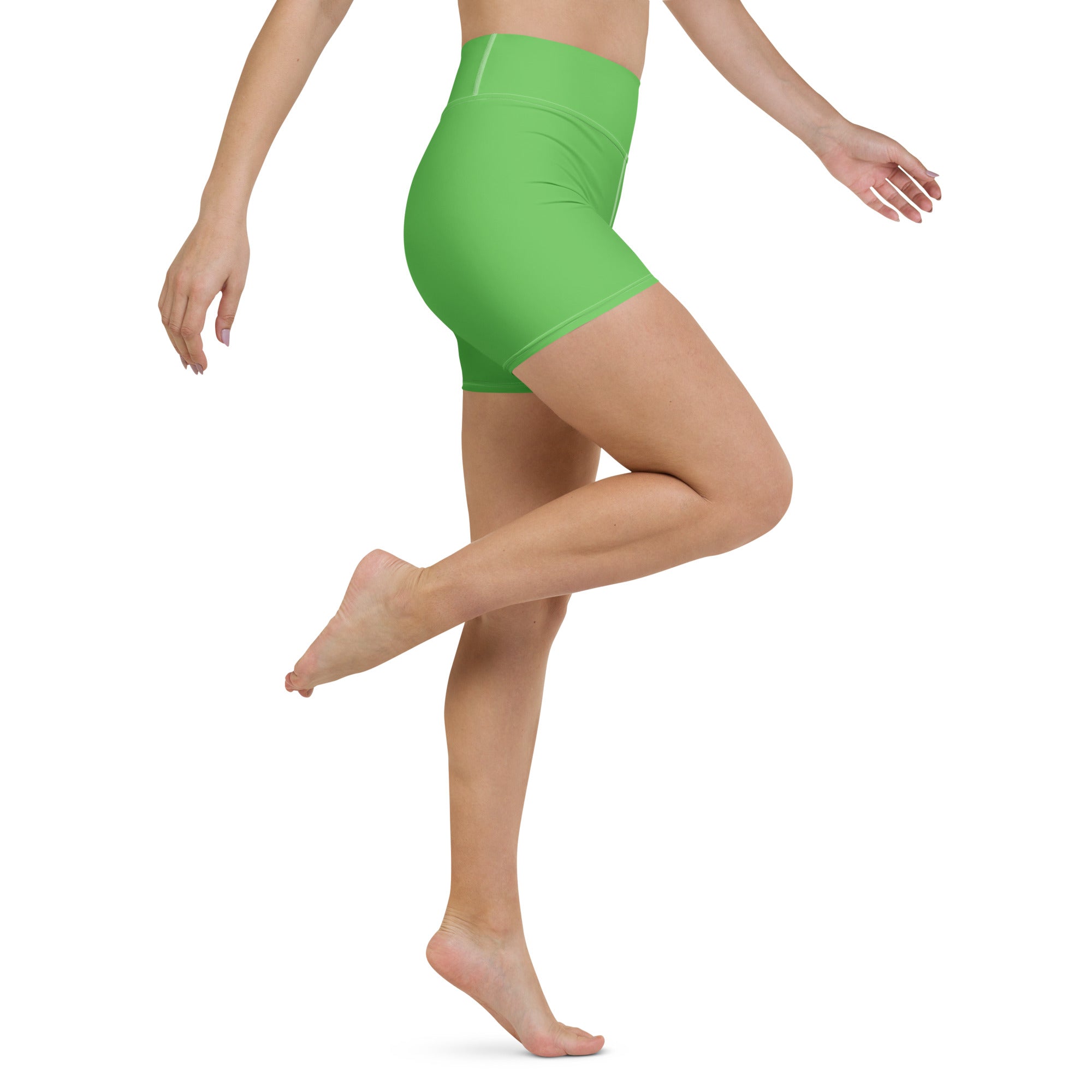 Bright green high waisted buttery soft women’s yoga shorts perfect for active wear and comfort