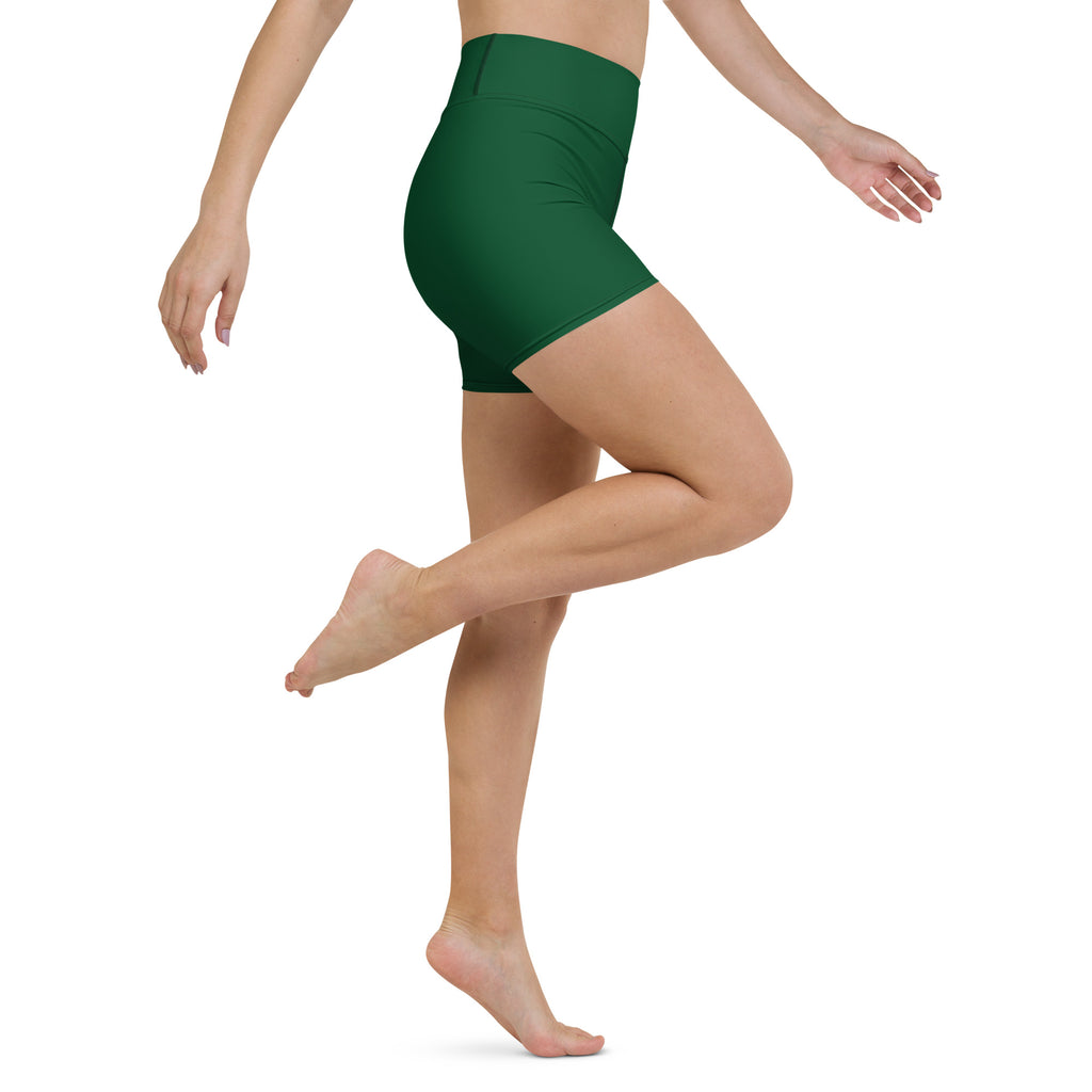 Women’s dark green high waisted yoga shorts made from buttery soft material for comfortable active wear