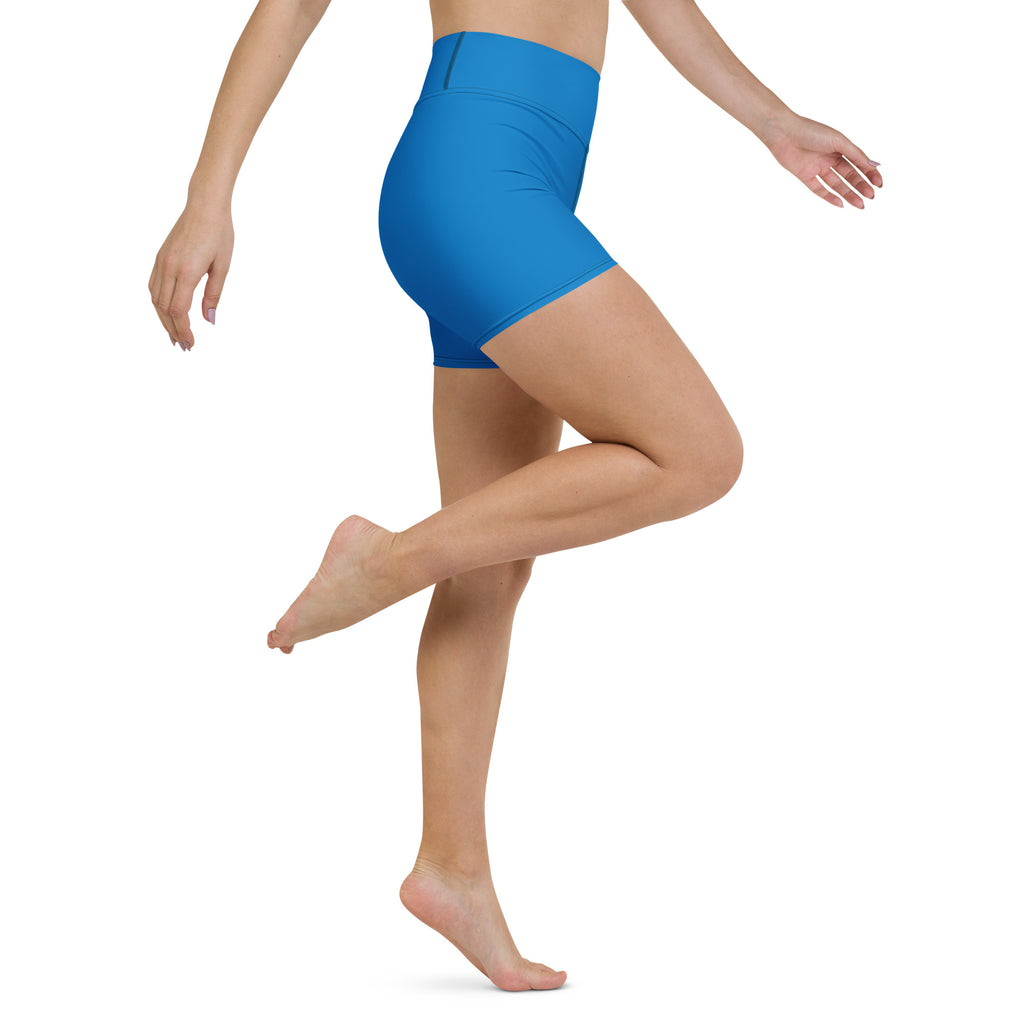 Bright blue high waisted buttery soft yoga shorts for women designed as comfortable activewear pants