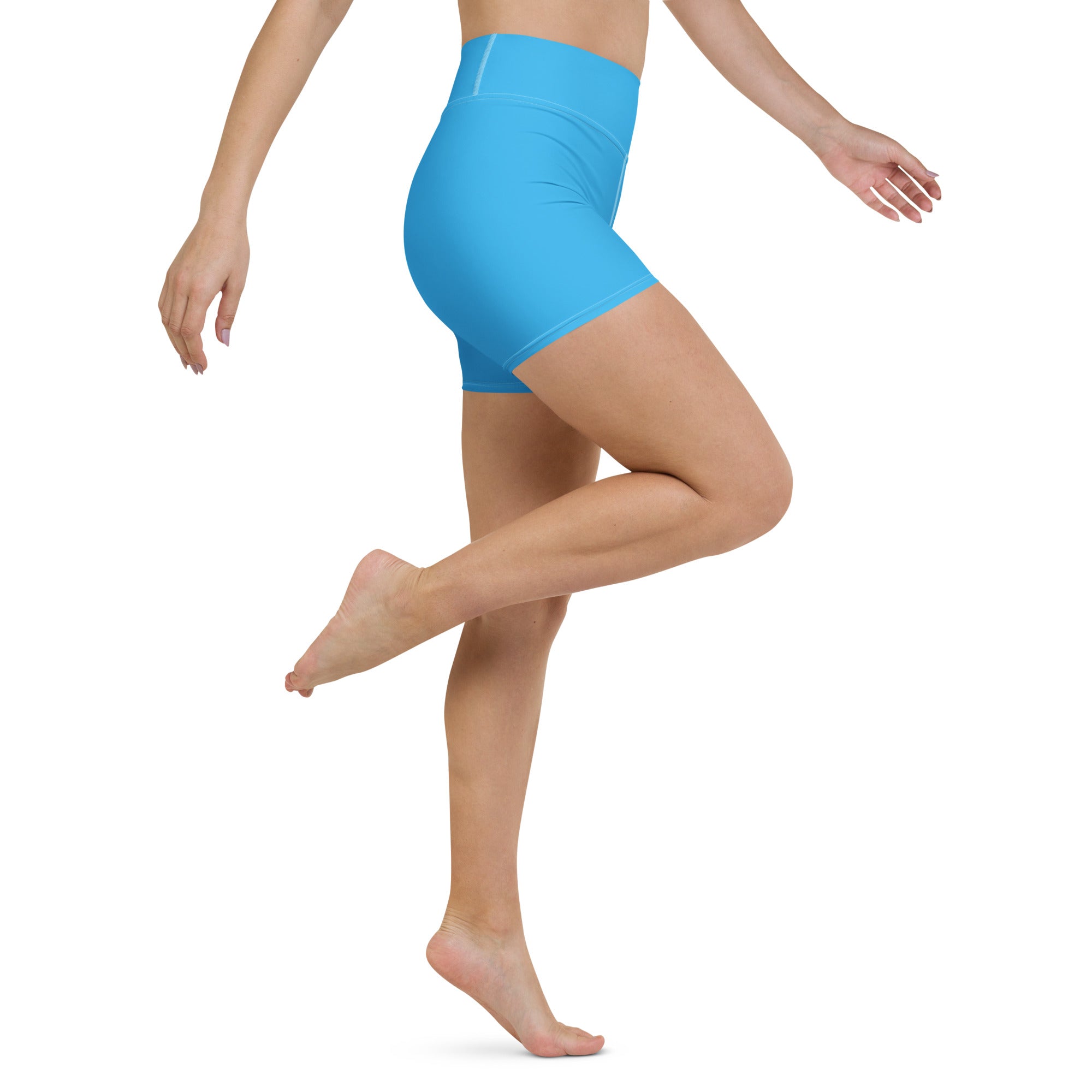 Women’s bright blue high waisted buttery soft yoga shorts designed for comfortable activewear use