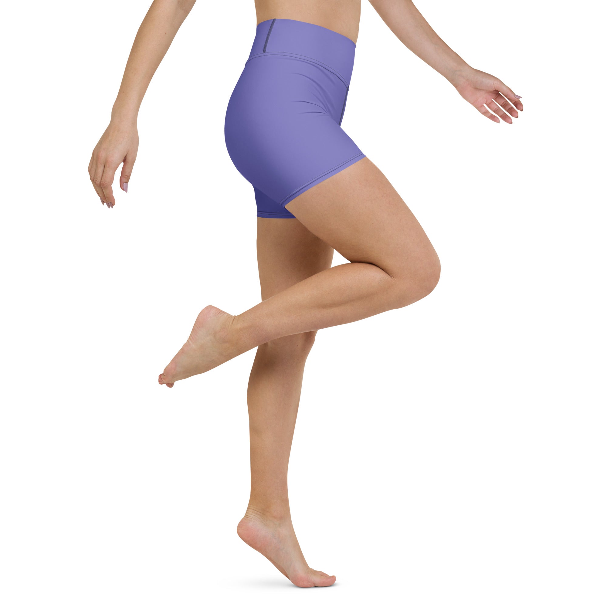 Women’s buttery soft purple high waisted yoga shorts made of smooth stretchy fabric for active wear