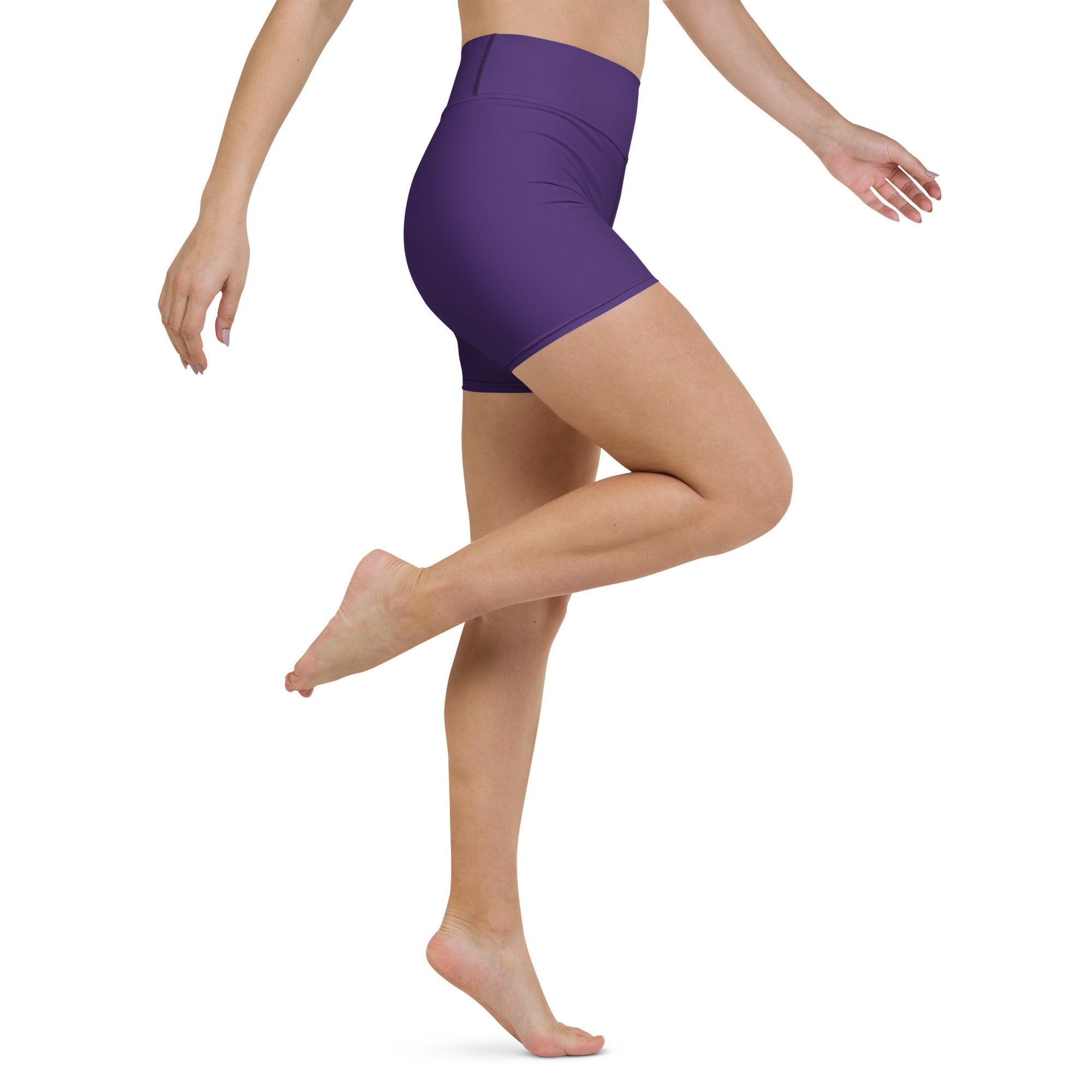 Women’s high waisted buttery soft dark purple yoga shorts made from soft fabric for comfortable active wear