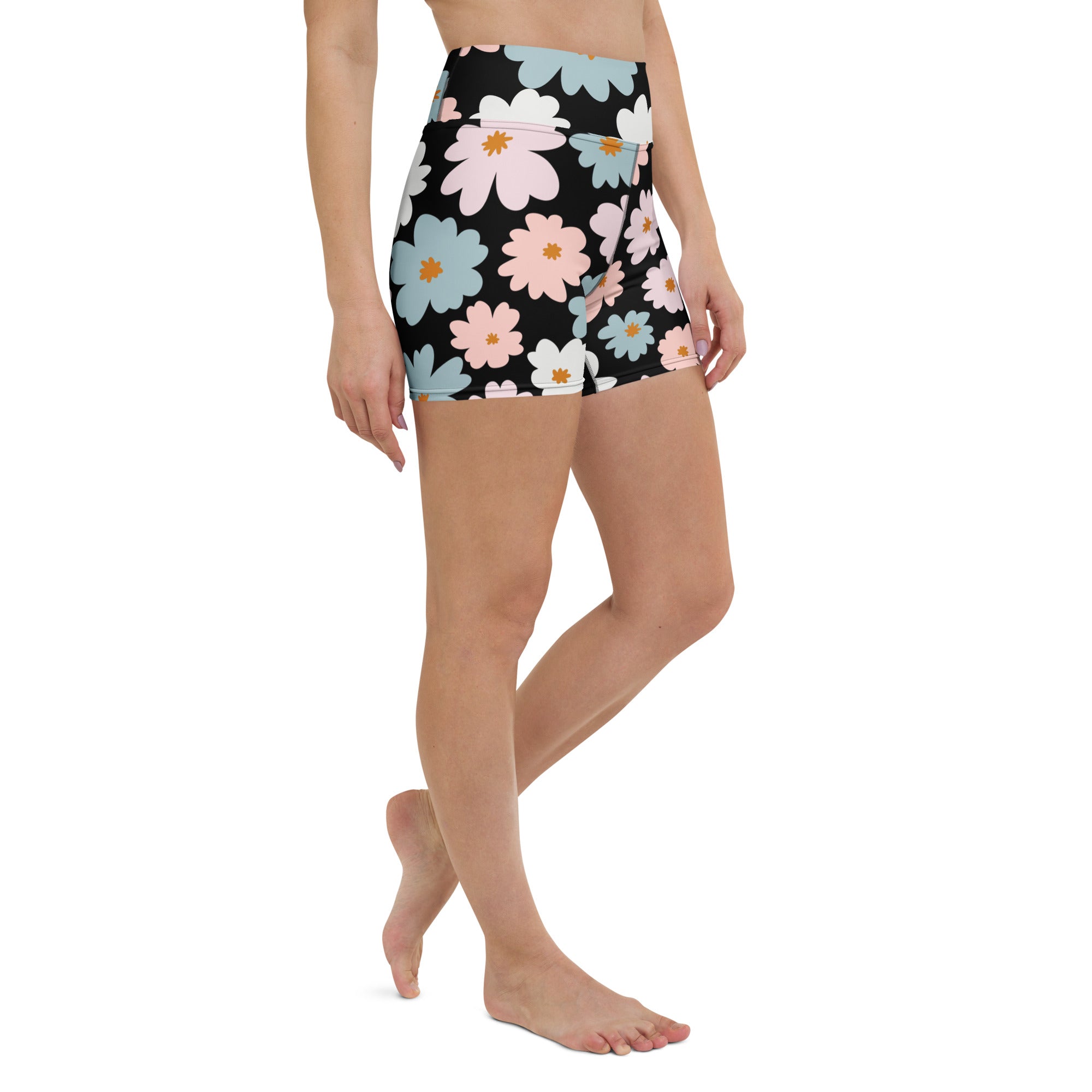 Women’s retro floral yoga shorts high waisted black buttery soft fabric with pink white and blue daisies pattern