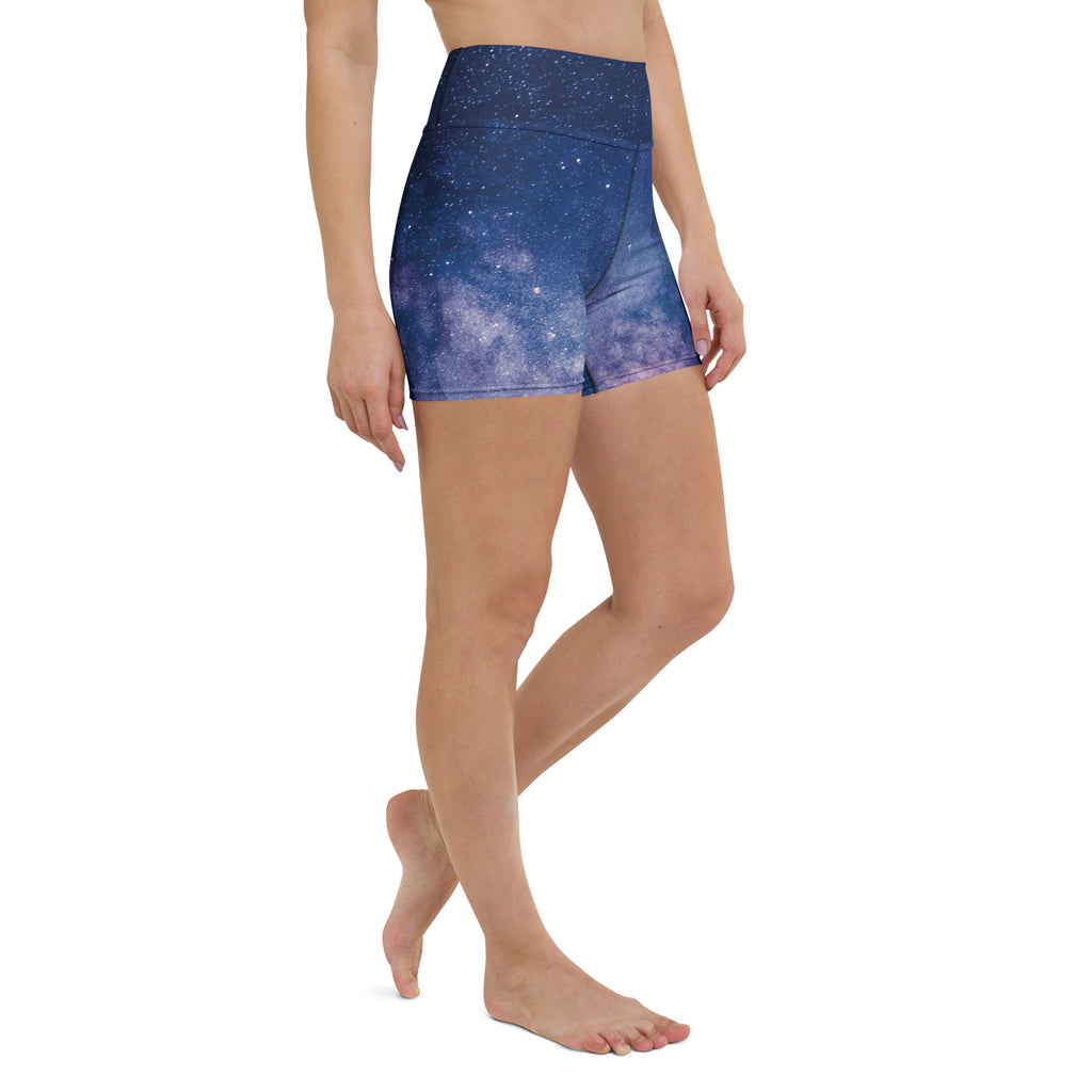 Women’s high waisted buttery soft active yoga shorts with blue and purple realistic galaxy print
