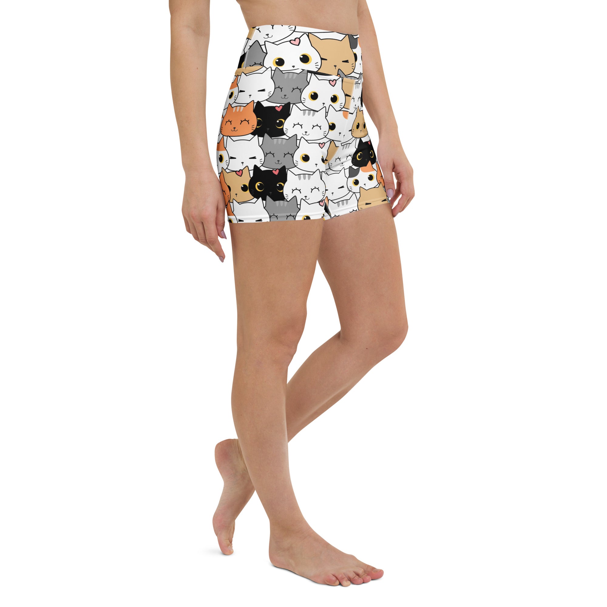 Women’s white high waisted buttery soft yoga shorts with colorful cartoon cat face print for active wear