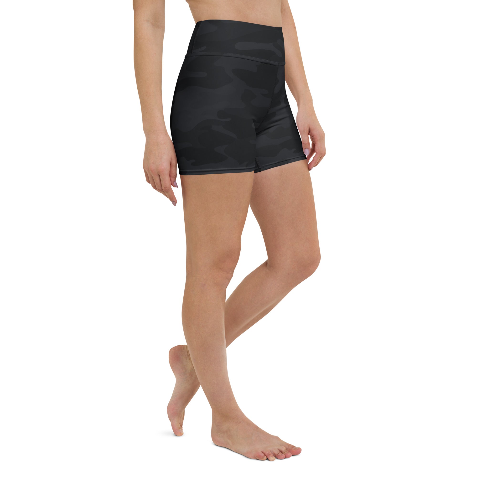 Women’s black camouflage high-waisted yoga shorts made of buttery soft fabric for activewear and workouts
