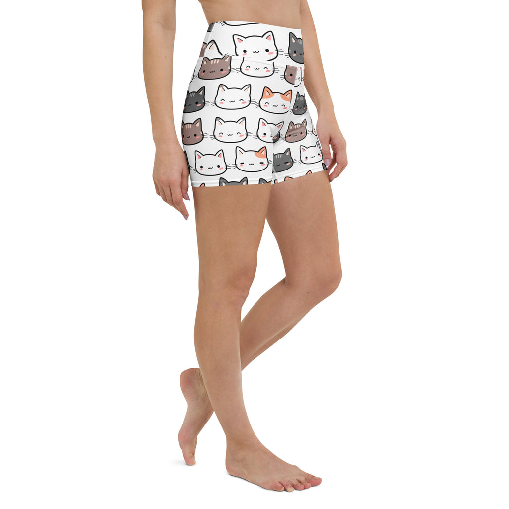White high waisted buttery soft women’s yoga shorts with colorful cartoon cat pattern for active wear