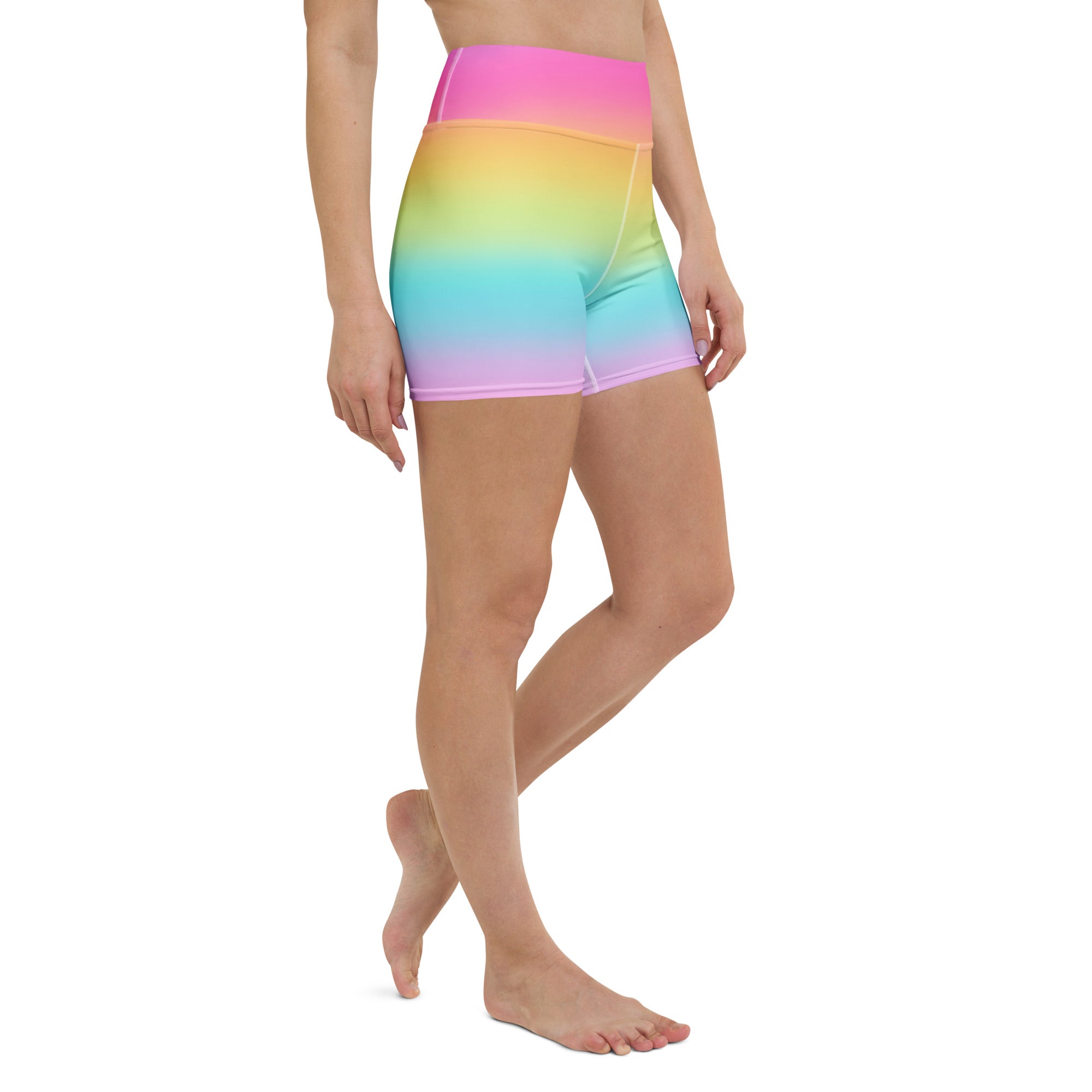 Women’s bright rainbow high-waisted yoga shorts in buttery soft stretchy fabric for active wear