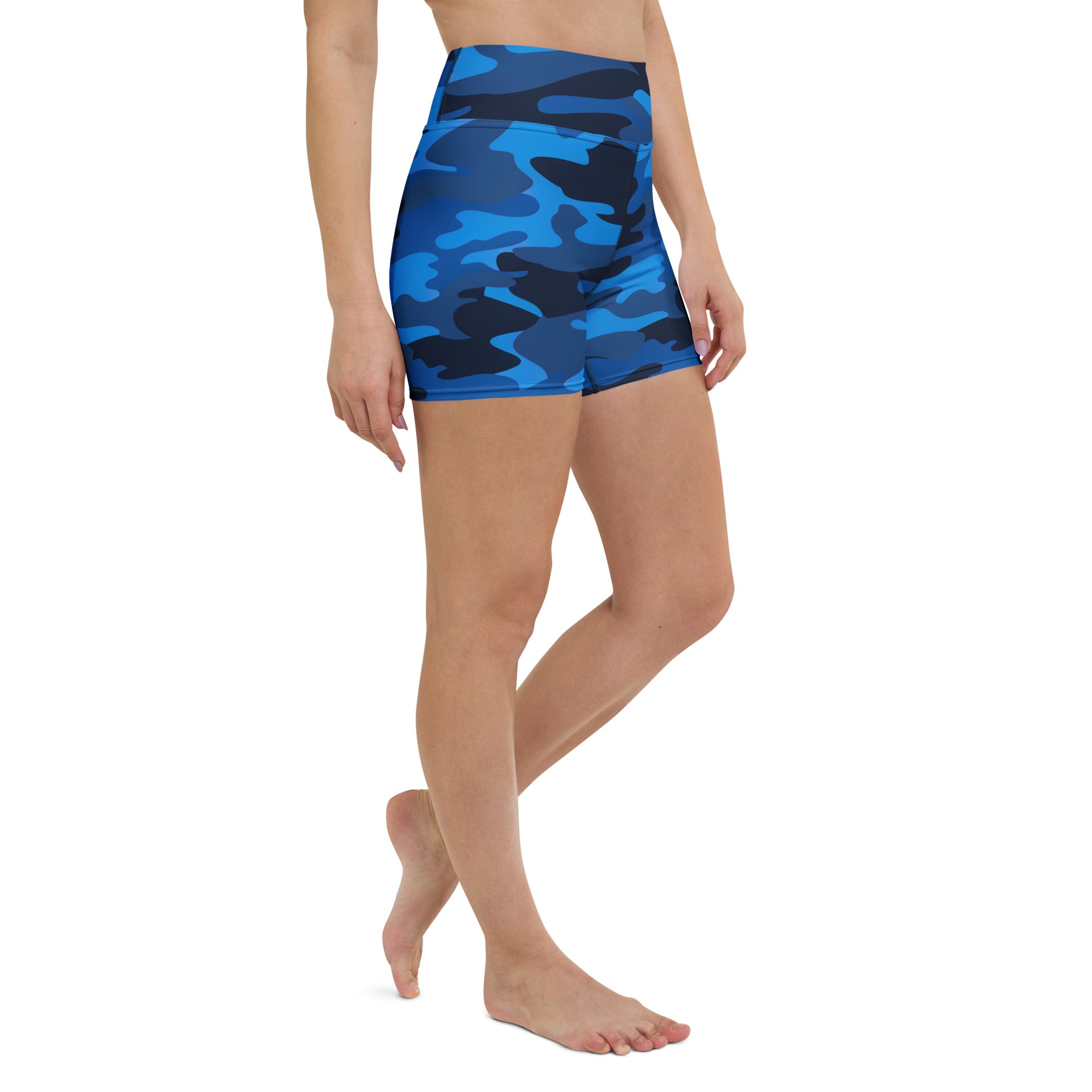 Women’s blue and black camouflage high waisted buttery soft yoga shorts designed for active wear