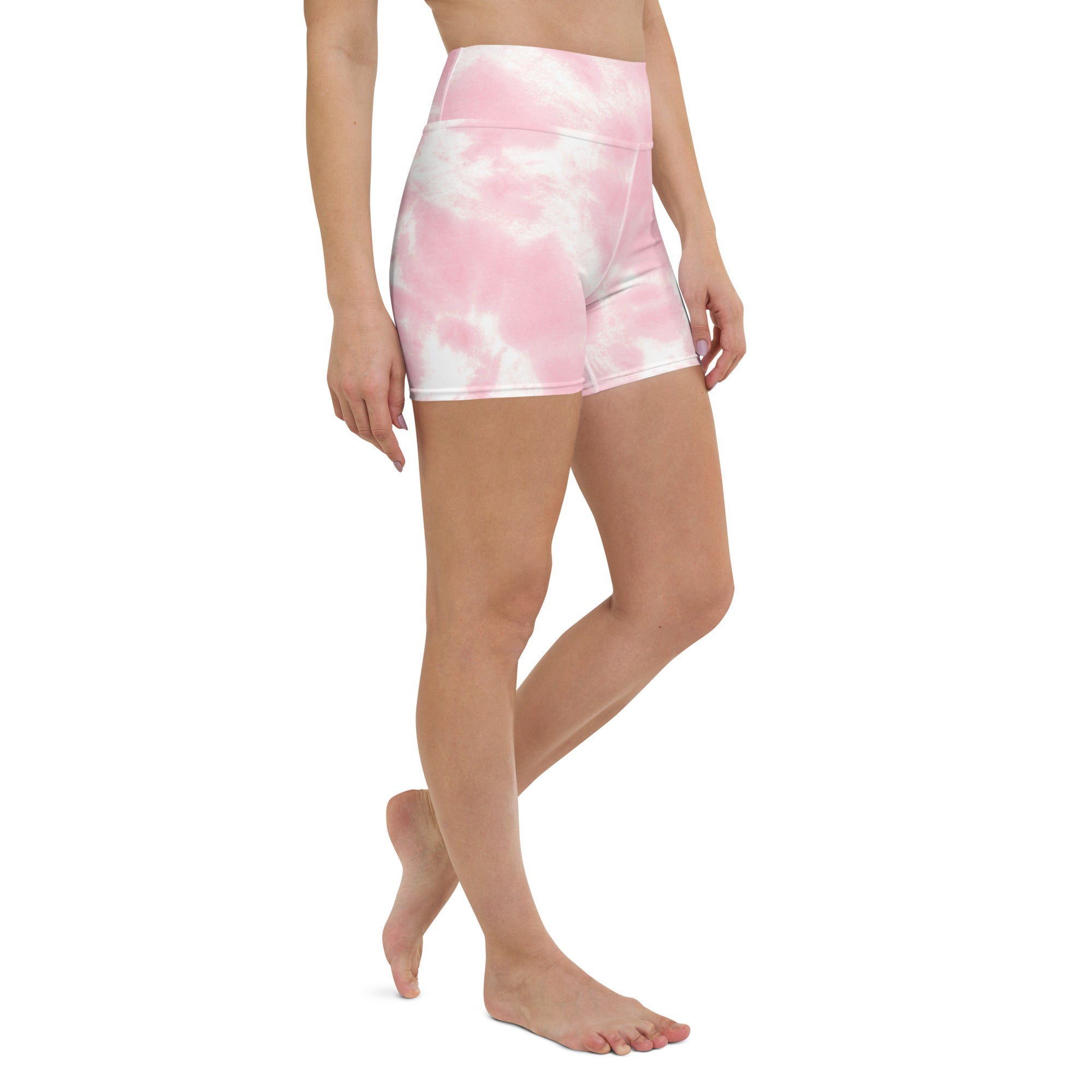 Women’s pink and white tie dye high waisted yoga shorts made of buttery soft fabric for active wear