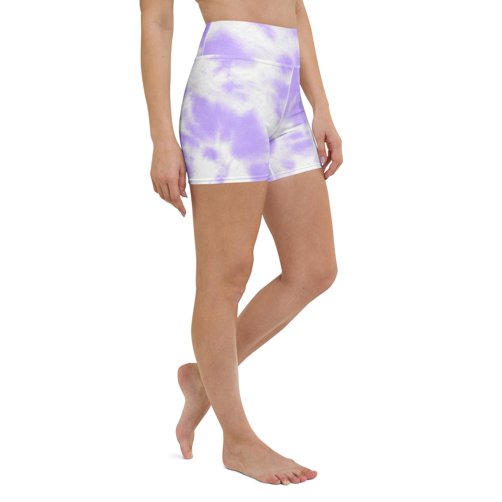 Women’s purple and white tie-dye high waisted buttery soft yoga shorts for comfortable activewear use