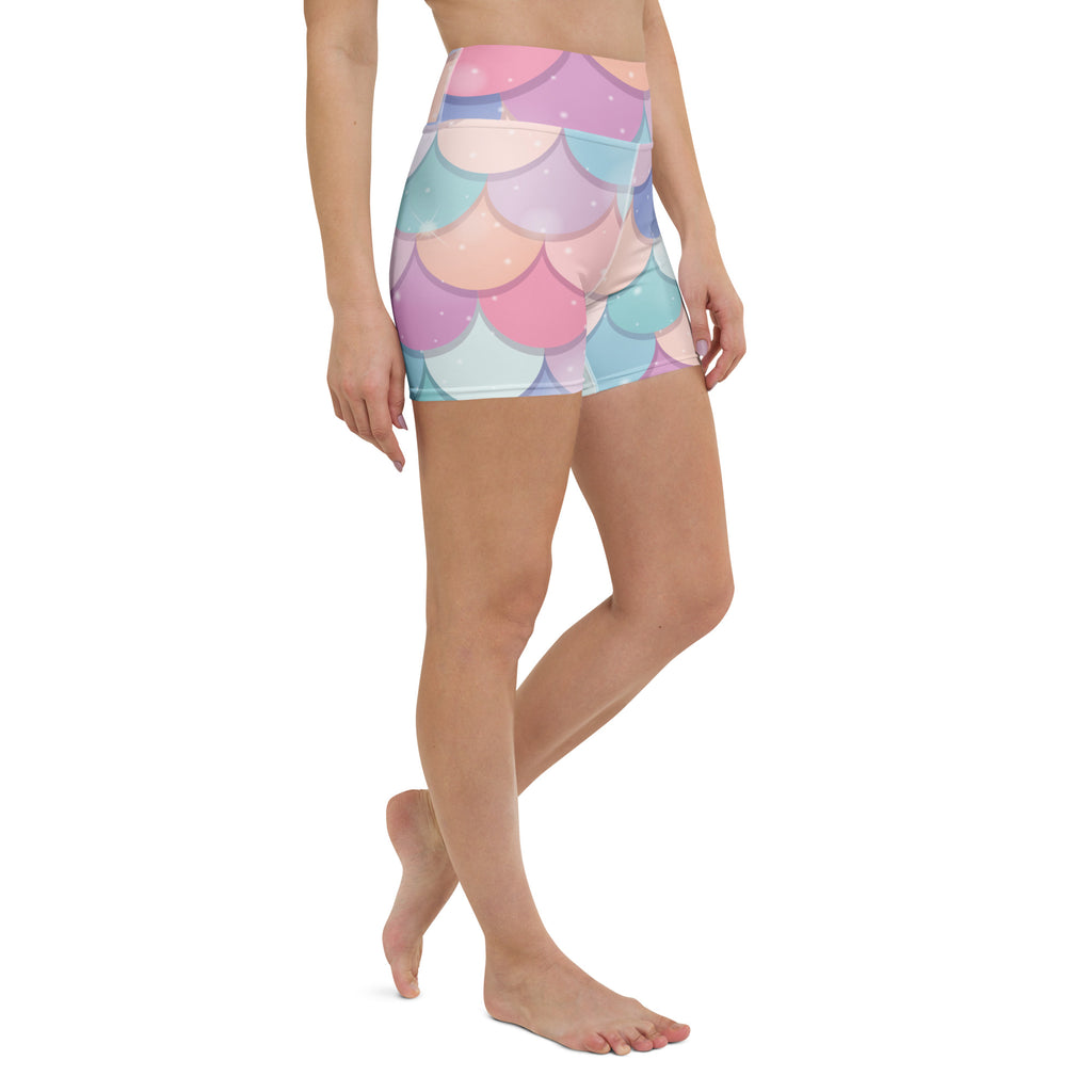Women’s rainbow pastel mermaid-scale high waisted buttery soft yoga shorts perfect for active wear
