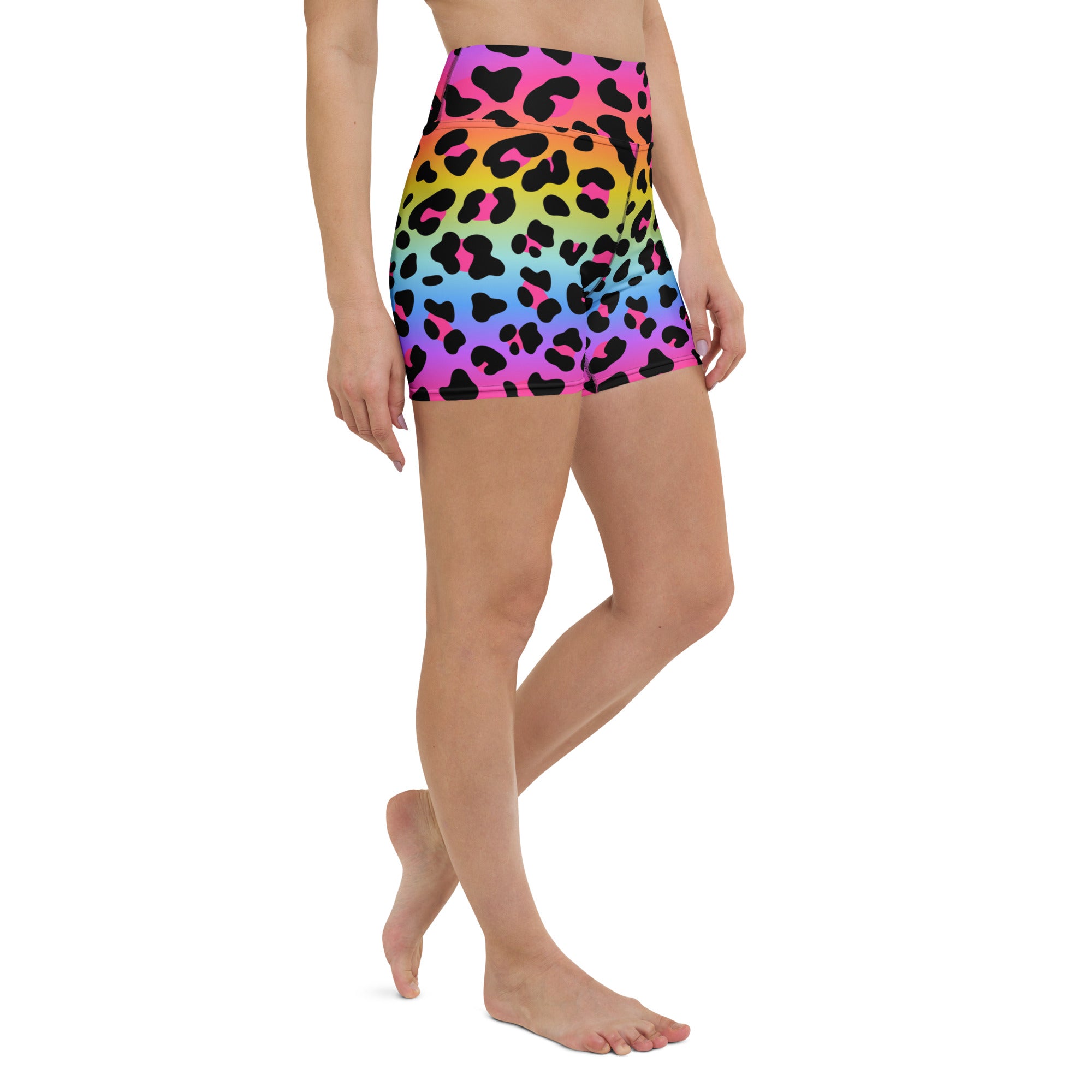 Women’s high waisted buttery soft yoga shorts with rainbow gradient leopard print for active wear