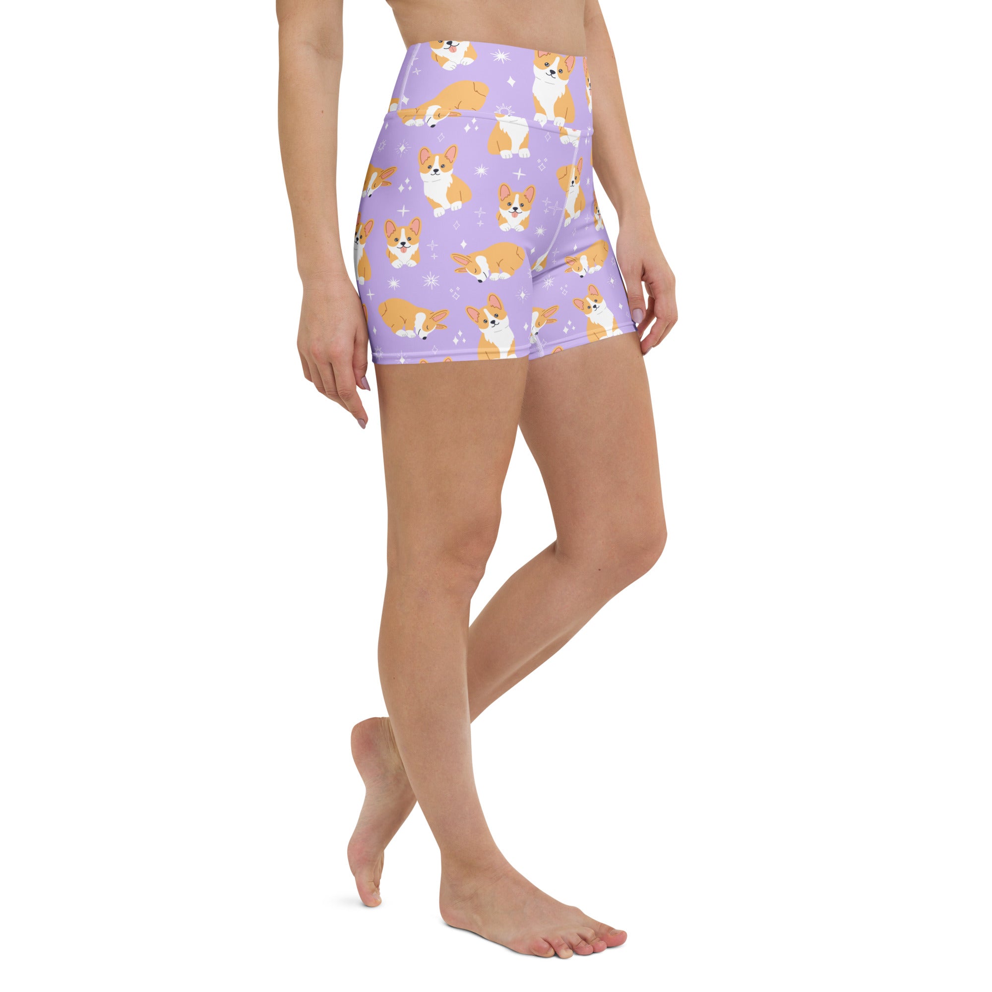 Women’s purple high waisted buttery soft yoga shorts with orange and white corgi dog pattern and star accents