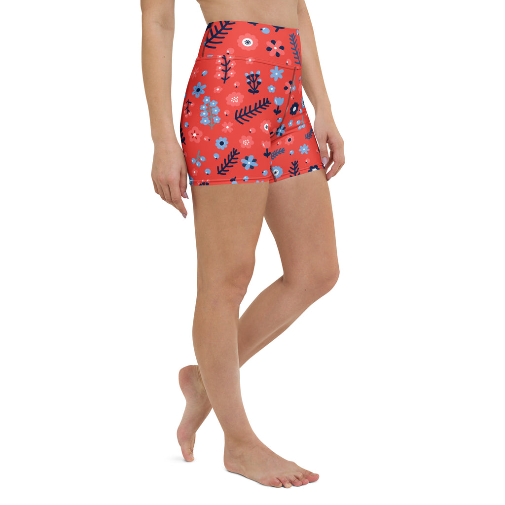 Women’s red high-waisted floral yoga shorts in blue and black with buttery soft fabric for active wear