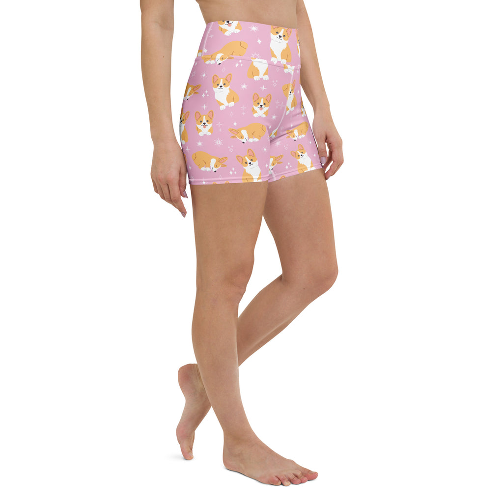 Women’s pink high waisted buttery soft yoga shorts with playful orange and white corgi dog pattern