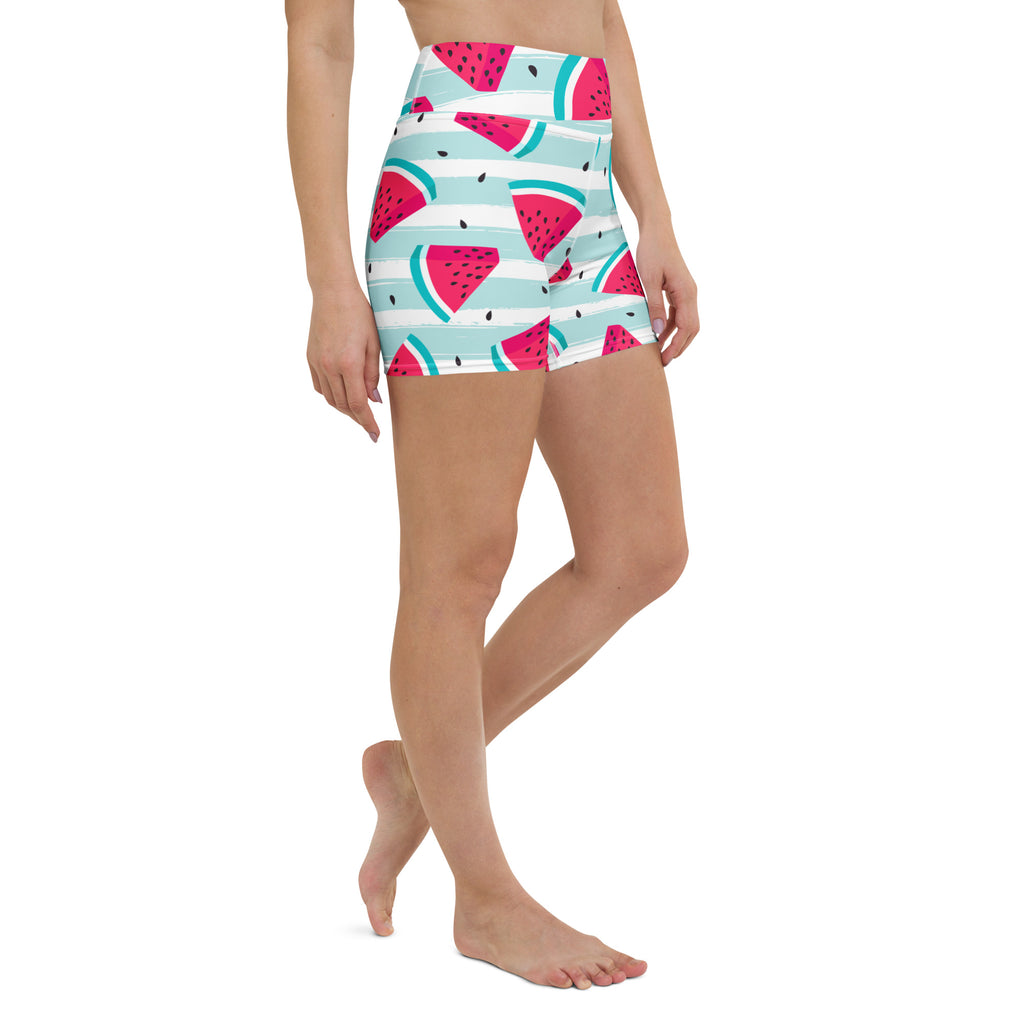 Women’s watermelon stripe high waisted yoga shorts in vibrant pink and teal buttery soft activewear pants