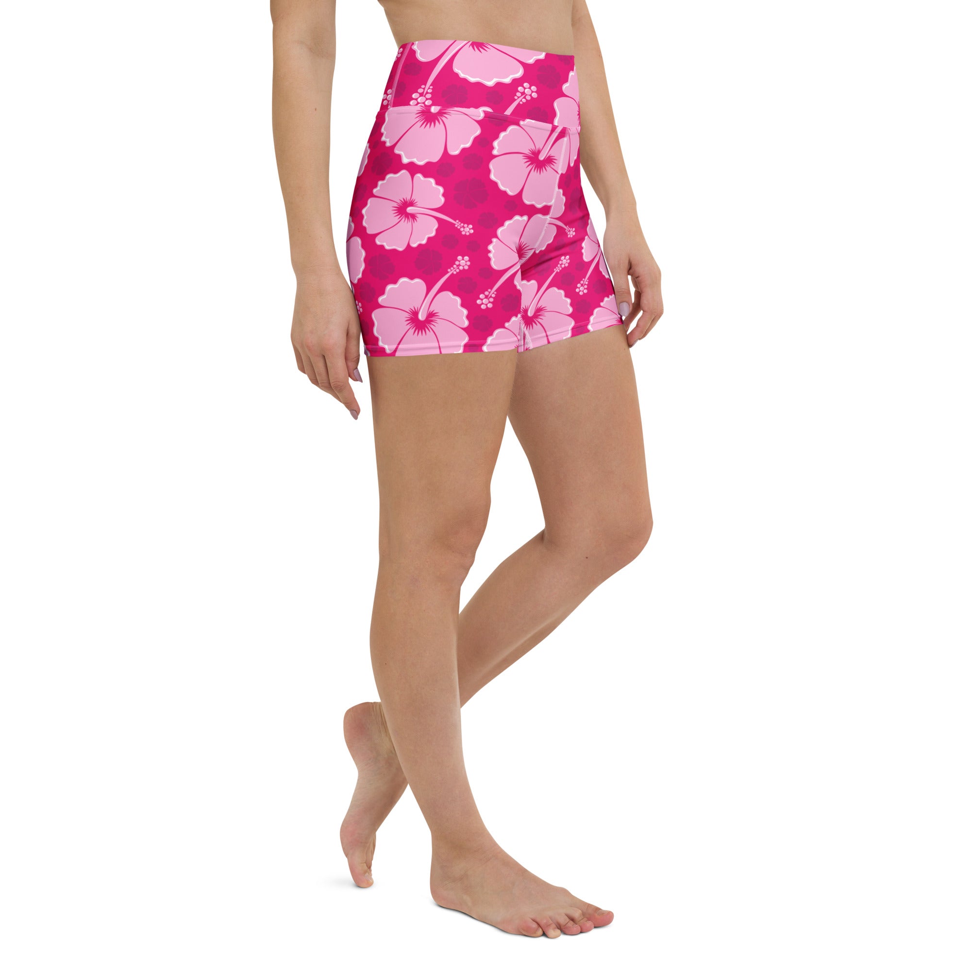 Women’s tropical pink hibiscus high waisted fuchsia shorts buttery soft yoga activewear pants with floral pattern