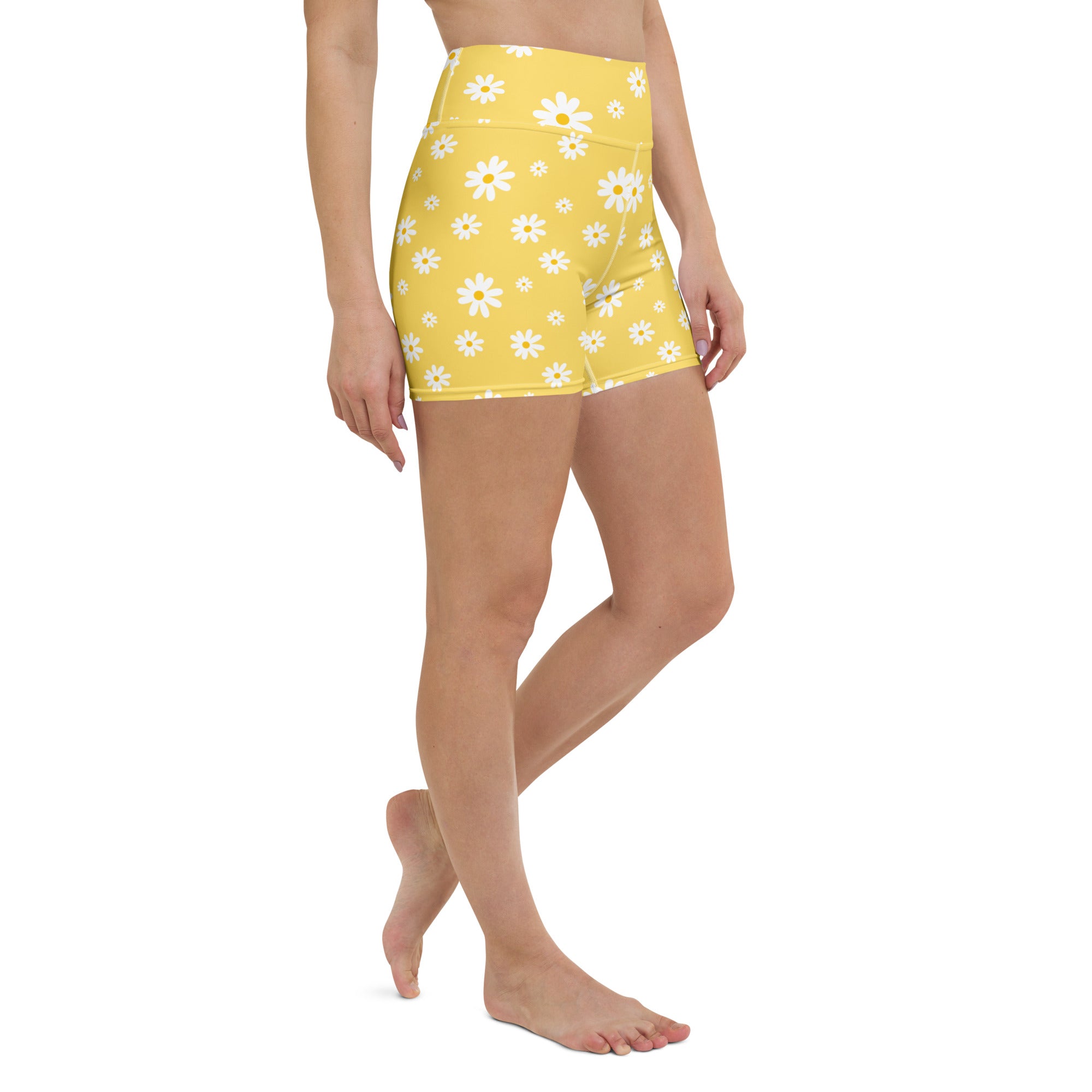 Women’s Yellow Daisy Yoga Shorts – High Waisted Buttery Soft Active Pants