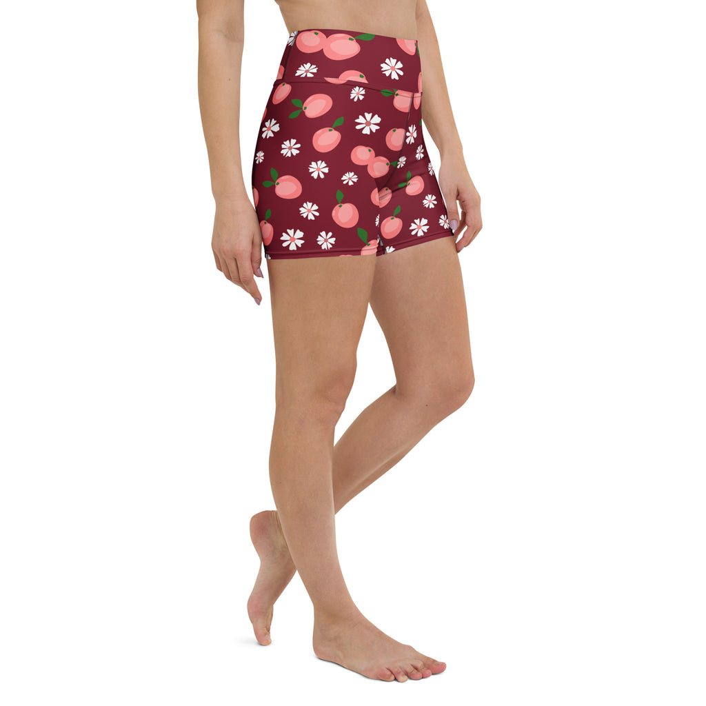 Women’s high waisted buttery soft maroon yoga shorts with pink peach and white daisy floral pattern