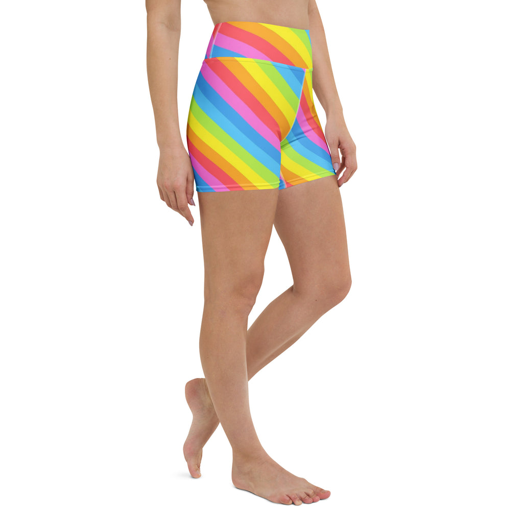 Women’s Rainbow Stripe Yoga Shorts – High Waisted Buttery Soft Active Pants